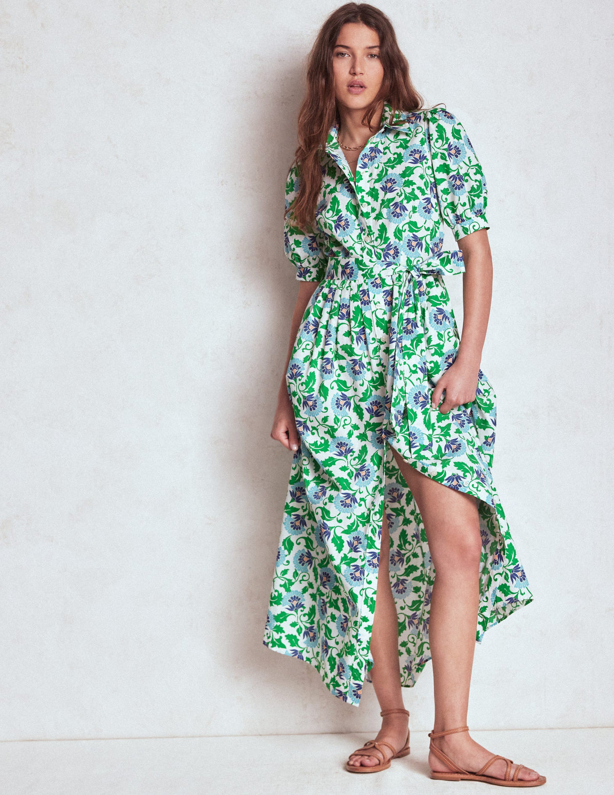 Alexa Maxi Shirt Dress-Rich Emerald, Ornate Vine - Image 4