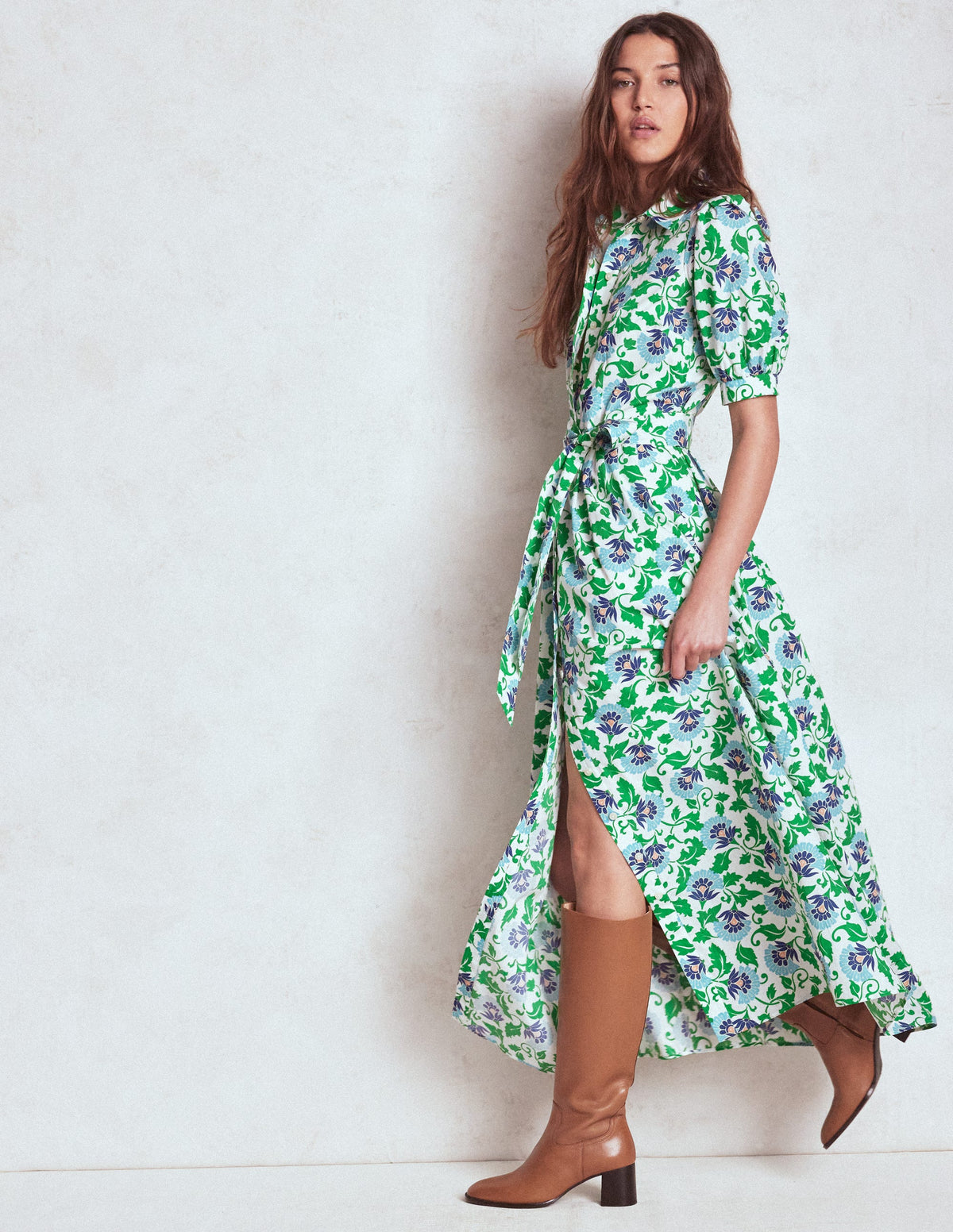 Alexa Maxi Shirt Dress-Rich Emerald, Ornate Vine - Image 5