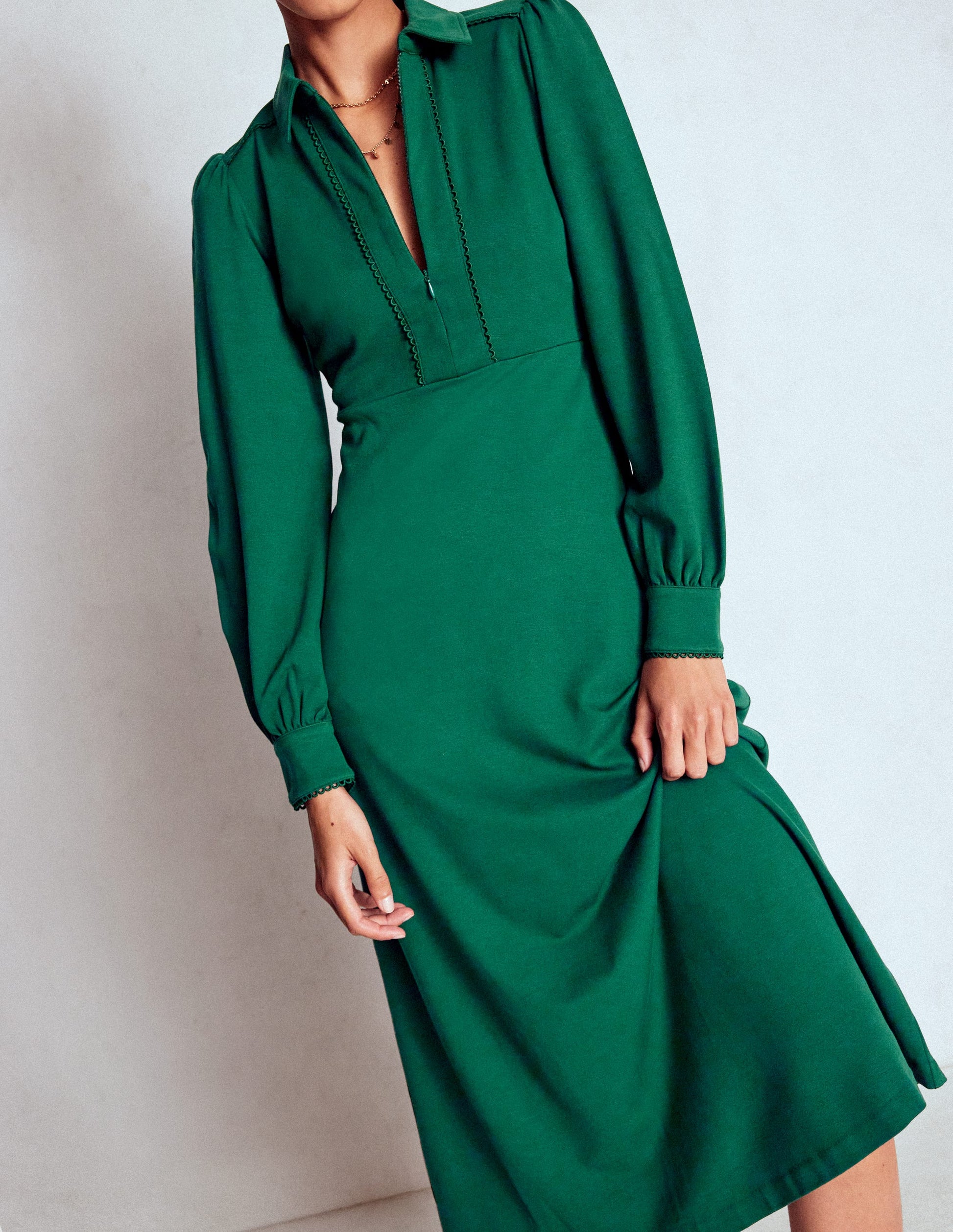 Pip Zip-Up Ponte Midi Dress-Emerald Night | Boden USA Pip Zip-Up Ponte Midi Dress-Emerald Night | Boden USA