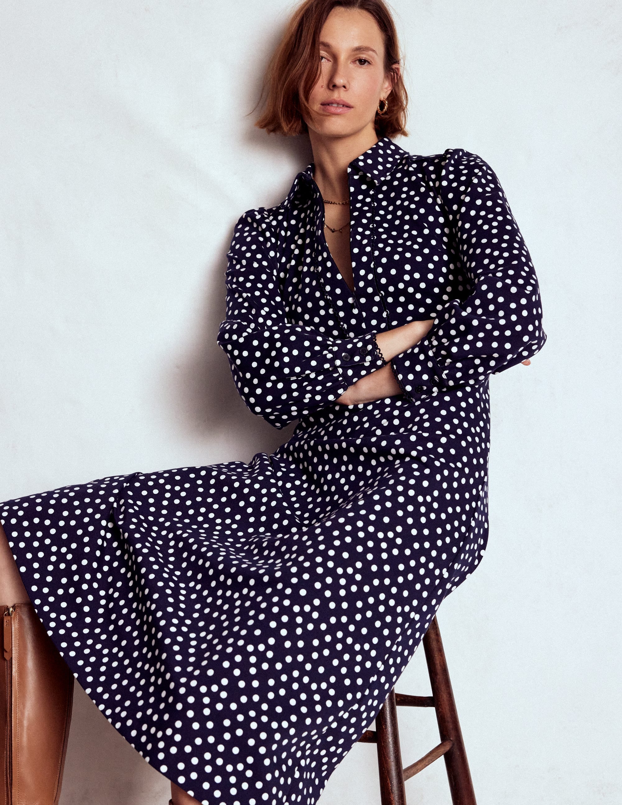 Pip Zip-Up Ponte Midi Dress-French Navy, Painted Dot - Image 2