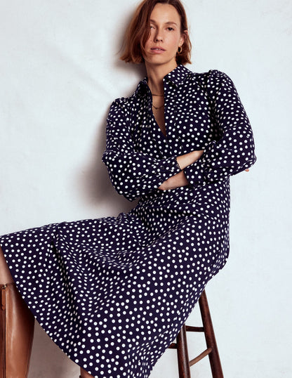 Pip Zip-Up Ponte Midi Dress-French Navy, Painted Dot-2