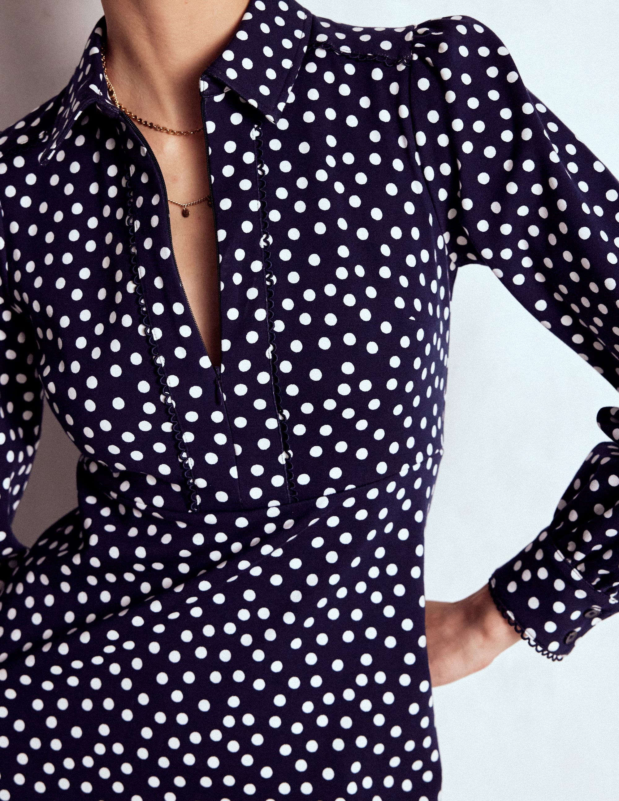 Pip Zip-Up Ponte Midi Dress-French Navy, Painted Dot - Image 3