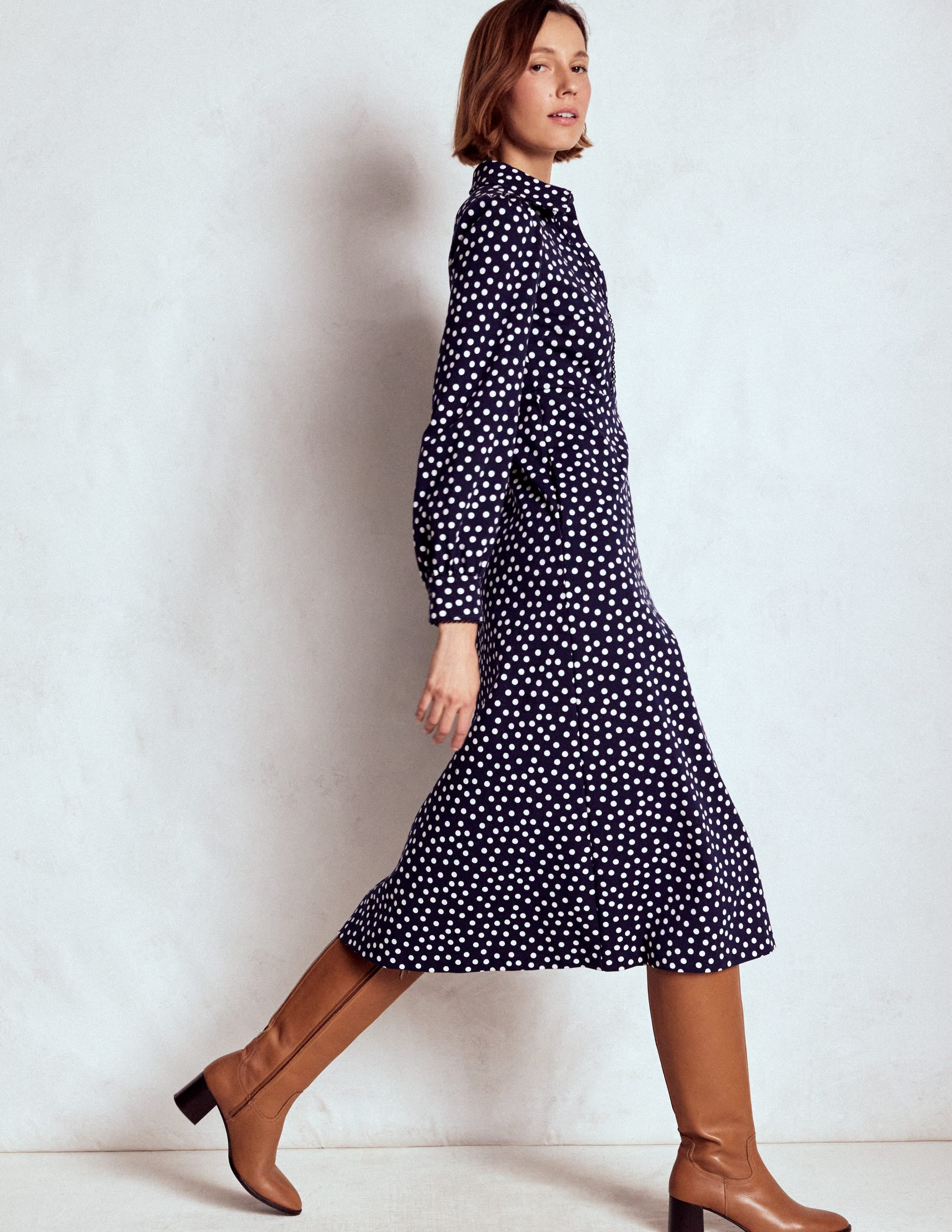 Pip Zip-Up Ponte Midi Dress-French Navy, Painted Dot - Image 6