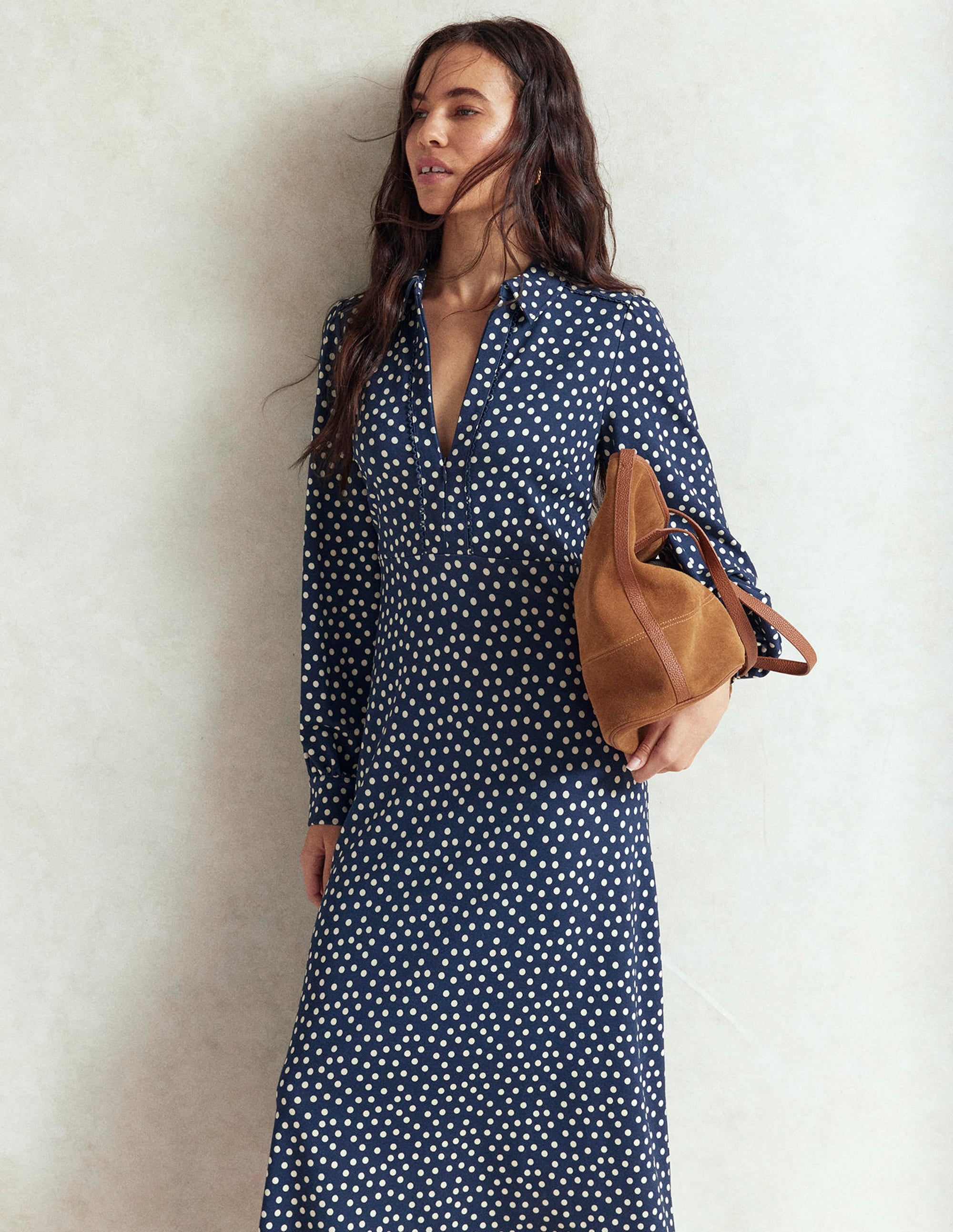 Pip Zip-Up Ponte Midi Dress-French Navy, Painted Dot - Image 1