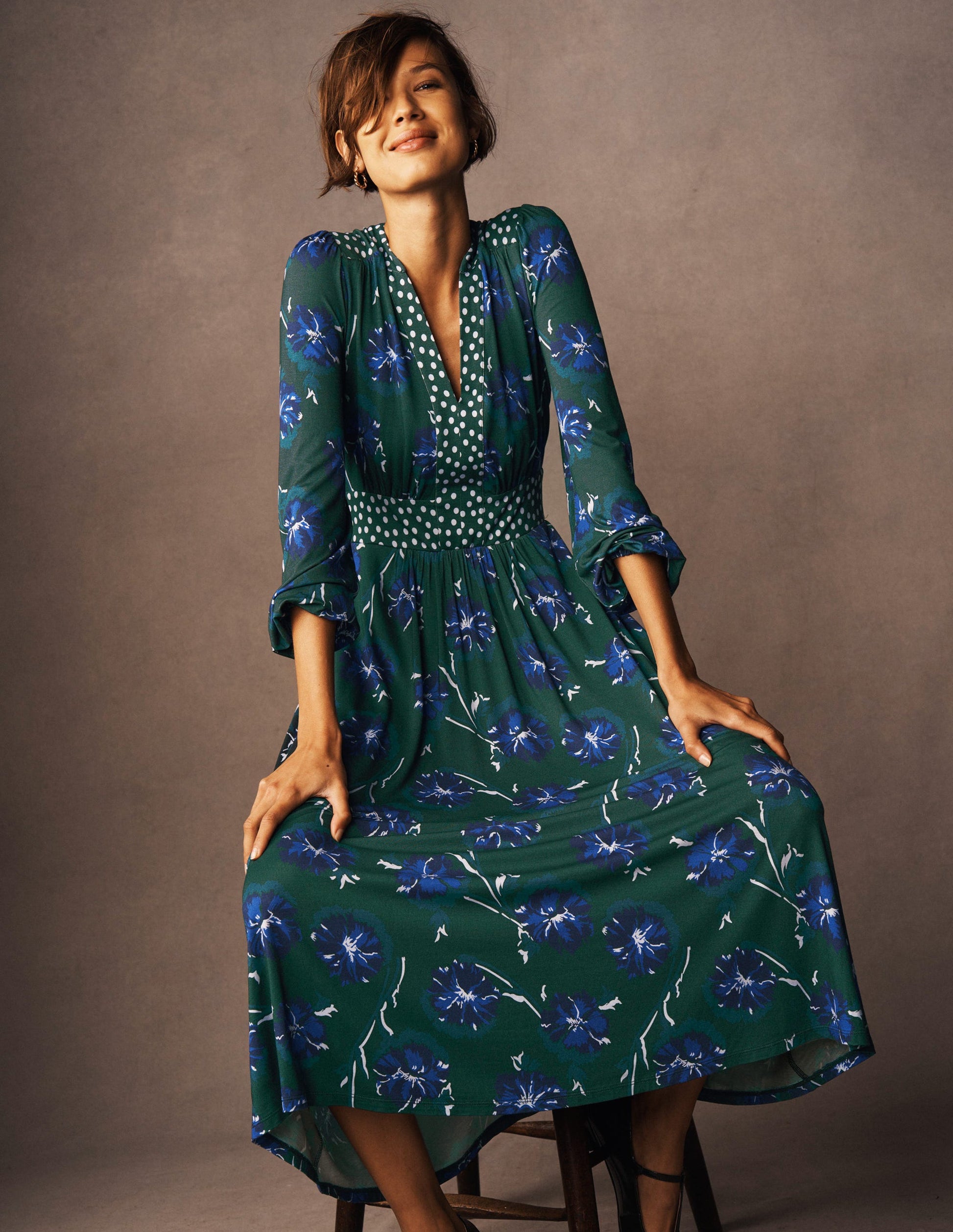 Lily Long Sleeve Midi Dress-Emerald, Delicate Carnation | Boden USA Lily Long Sleeve Midi Dress-Emerald, Delicate Carnation | Boden USA