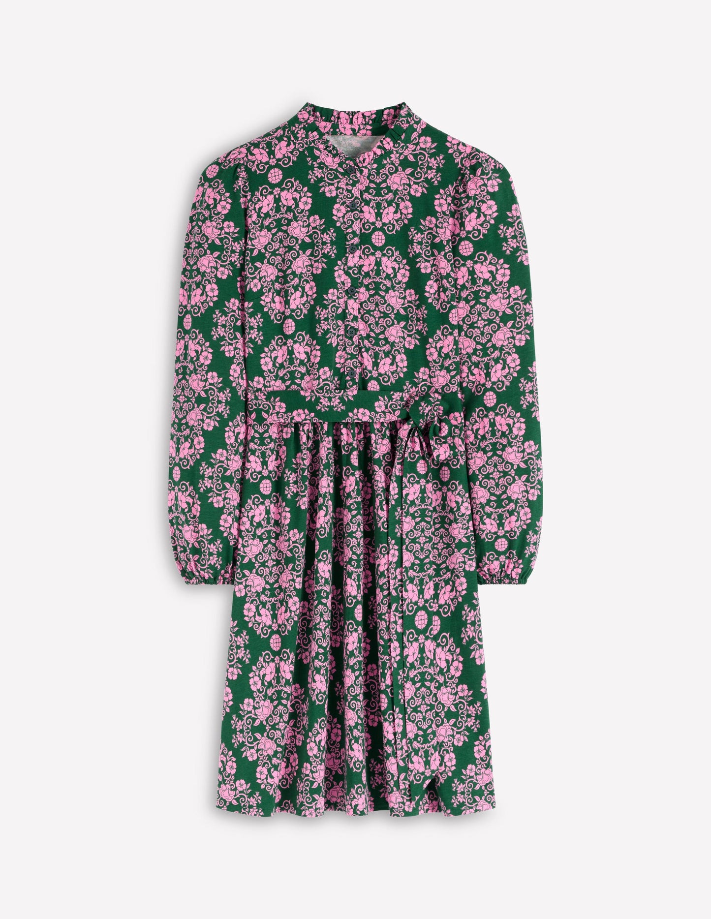 Willow Ruffle Neck Shirt Dress-Green, Ornamental Lattice