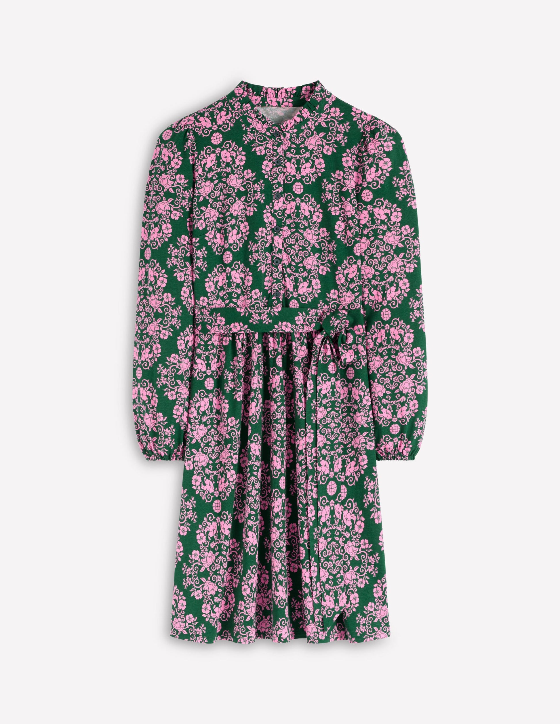 Willow Ruffle Neck Shirt Dress-Green, Ornamental Lattice-5