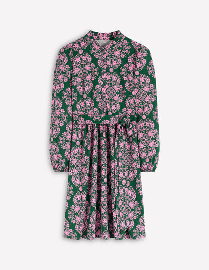 Willow Ruffle Neck Shirt Dress-Green, Ornamental Lattice-5