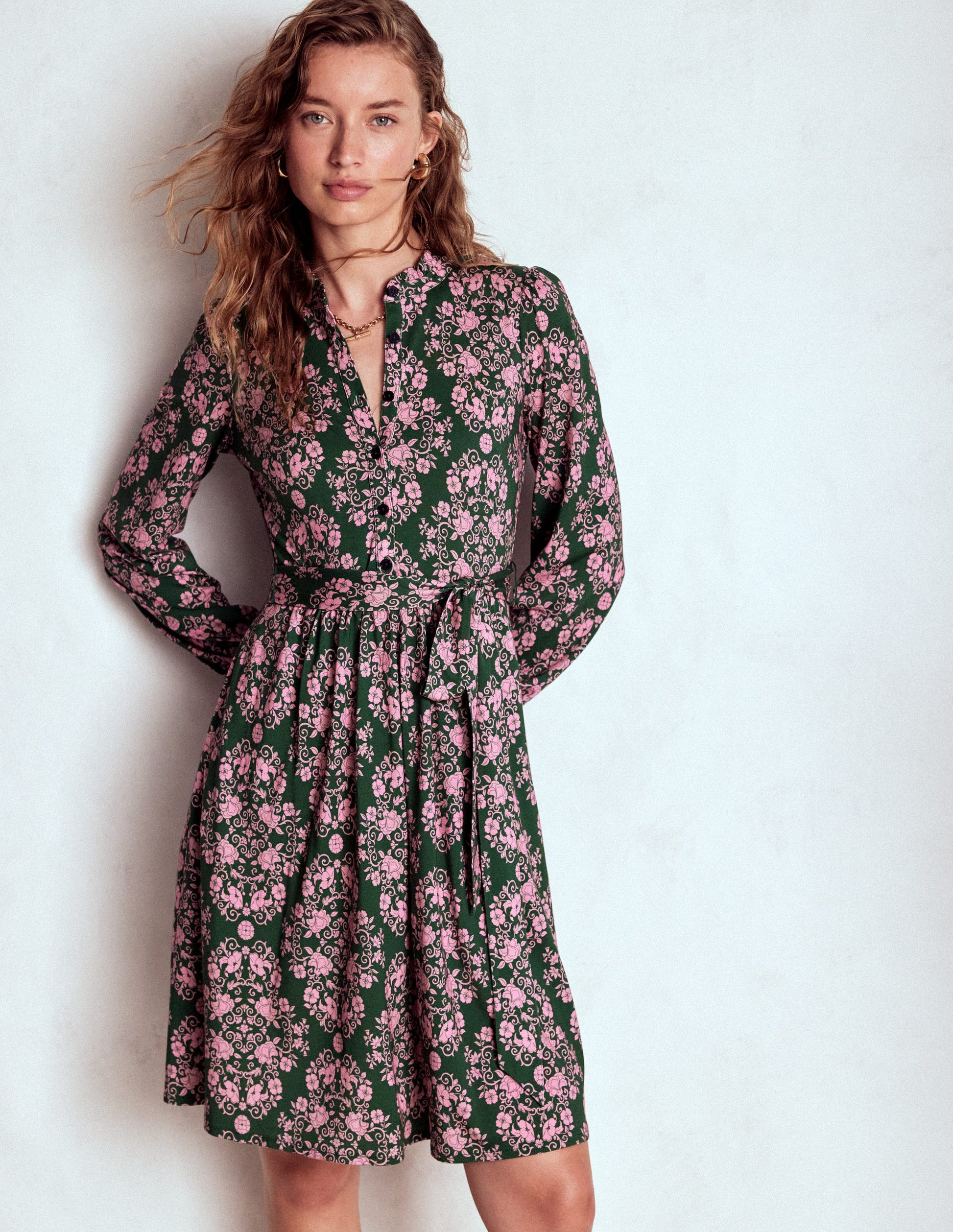 Willow Ruffle Neck Shirt Dress-Green, Ornamental Lattice-1