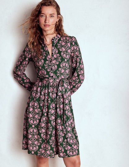 Willow Ruffle Neck Shirt Dress-Green, Ornamental Lattice-1