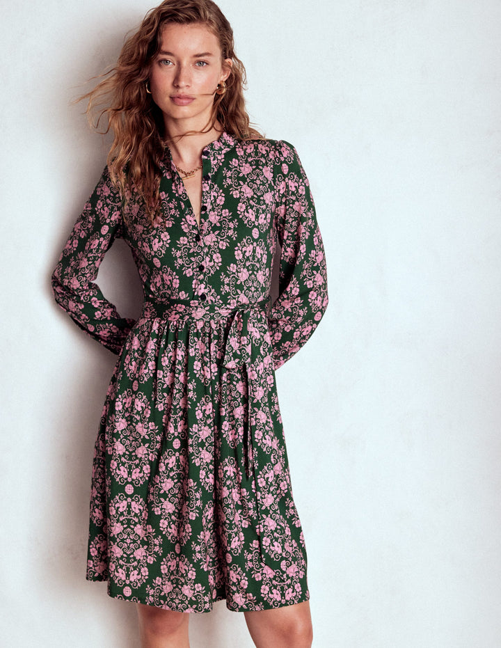 Willow Ruffle Neck Shirt Dress-Green, Ornamental Lattice