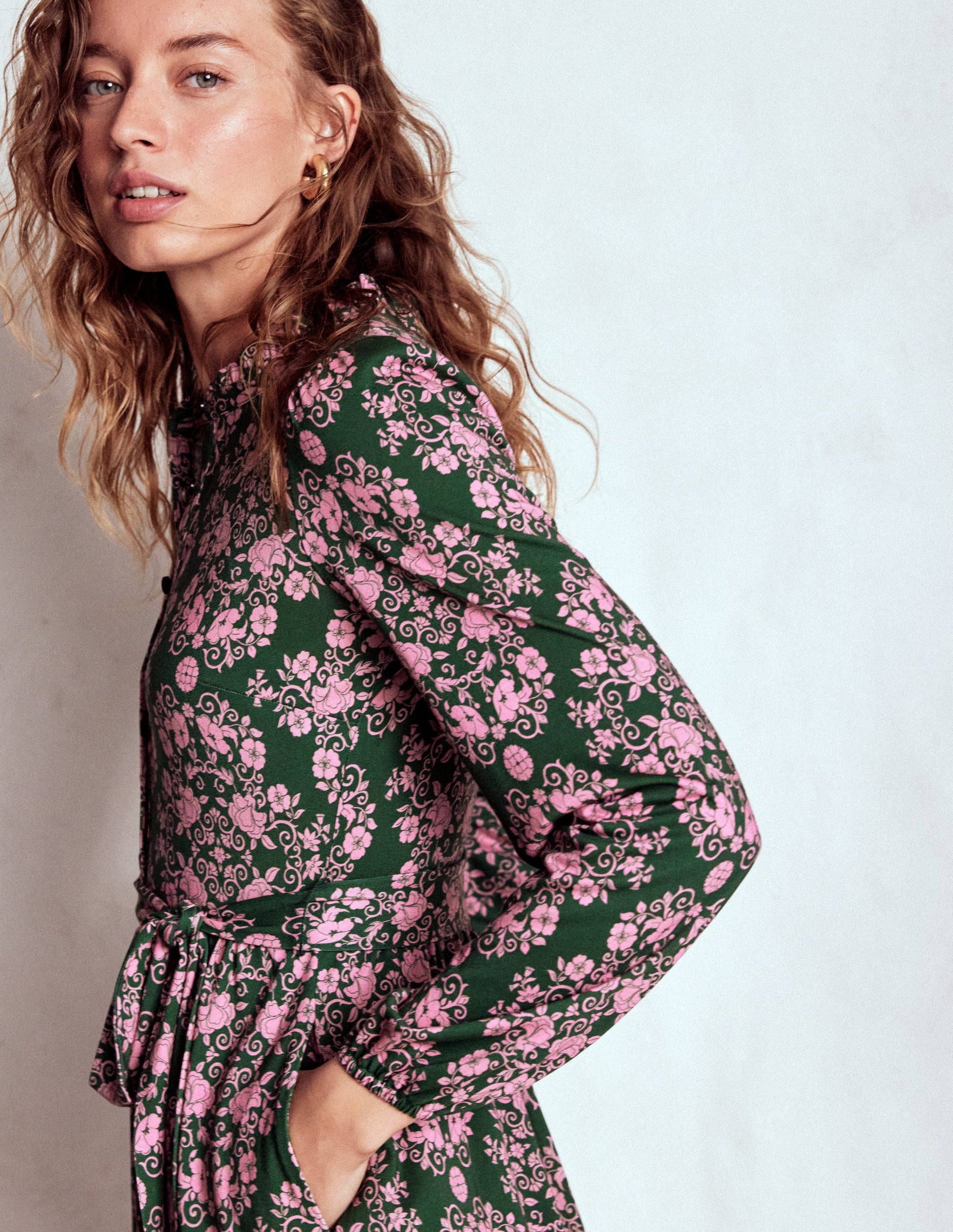 Willow Ruffle Neck Shirt Dress-Green, Ornamental Lattice-2