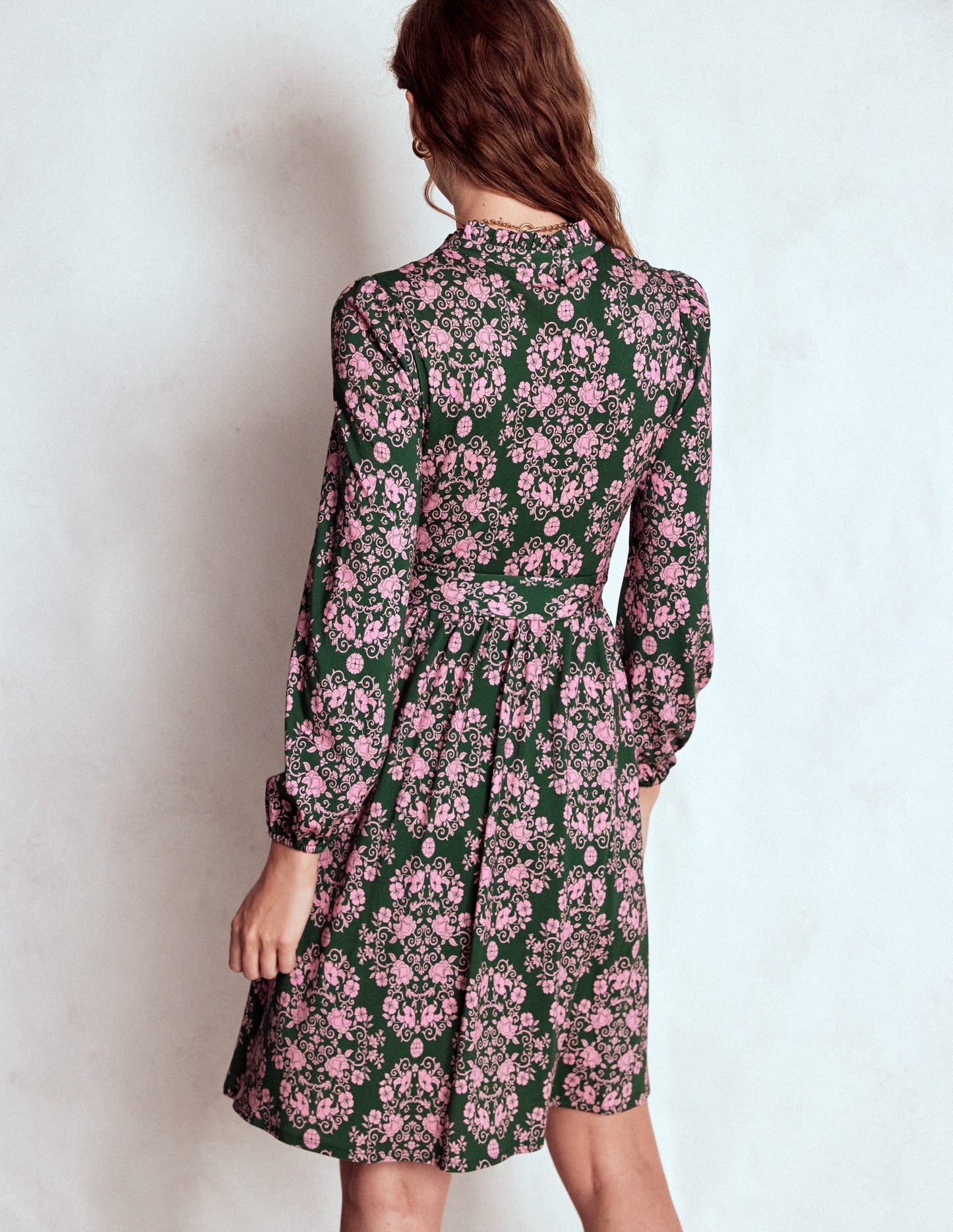 Willow Ruffle Neck Shirt Dress-Green, Ornamental Lattice