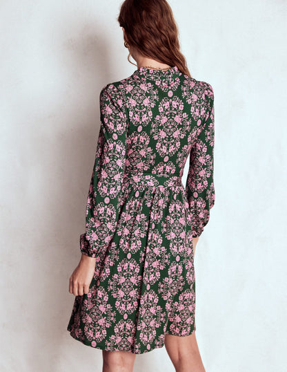 Willow Ruffle Neck Shirt Dress-Green, Ornamental Lattice-3