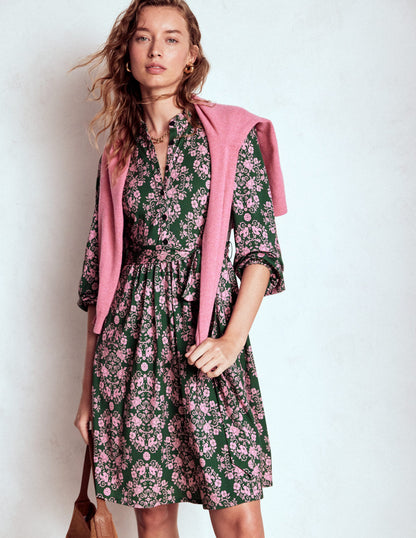 Willow Ruffle Neck Shirt Dress-Green, Ornamental Lattice-4