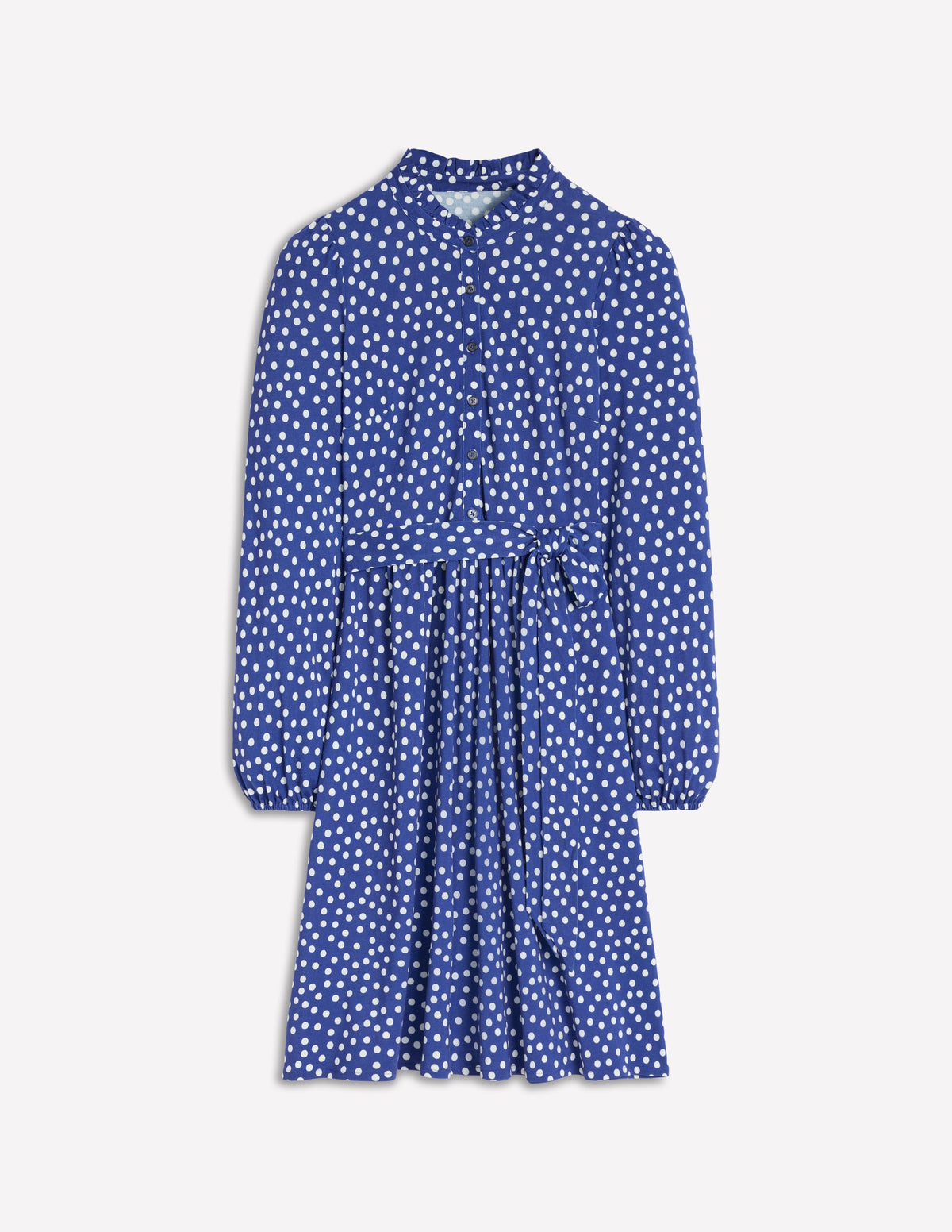 Willow Ruffle Neck Shirt Dress-Bright Blue, Dot - Image 5