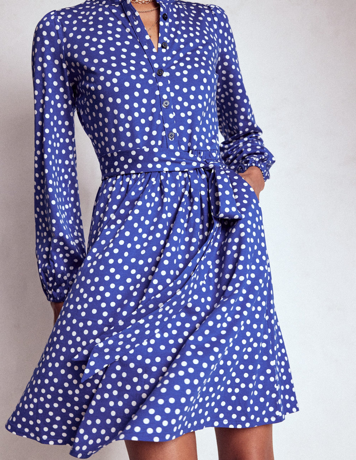 Willow Ruffle Neck Shirt Dress-Bright Blue, Dot - Image 2