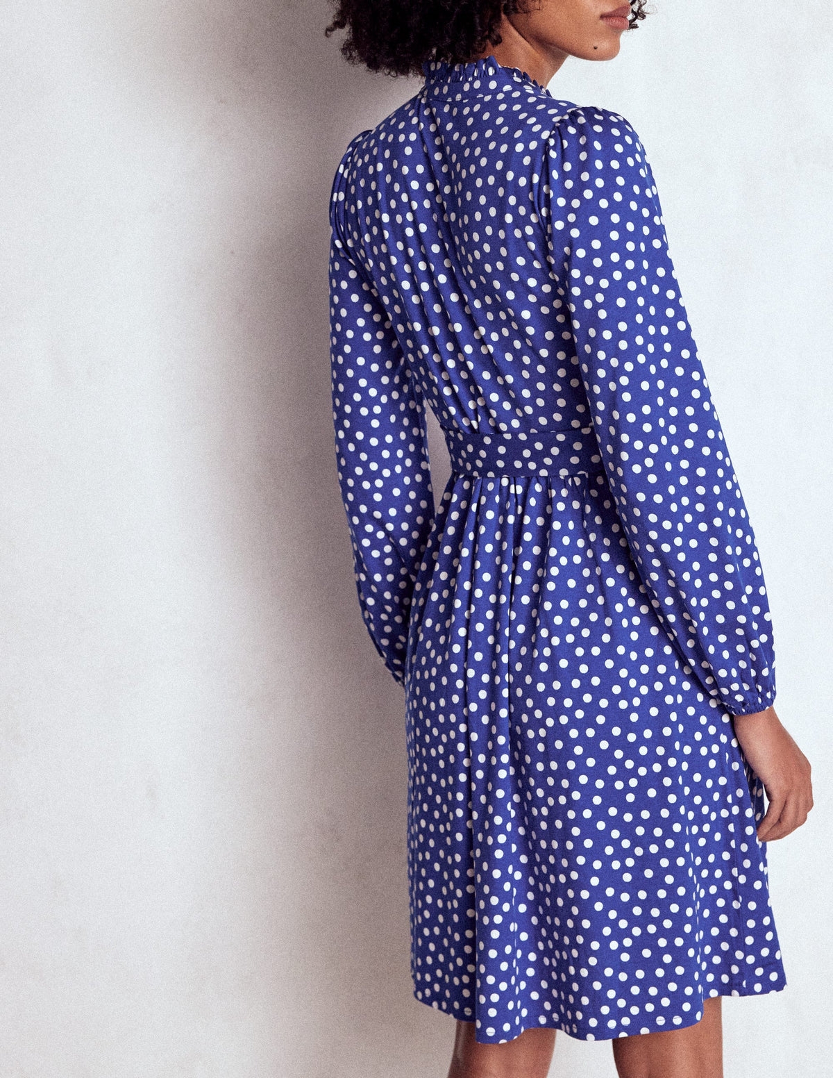 Willow Ruffle Neck Shirt Dress-Bright Blue, Dot - Image 3
