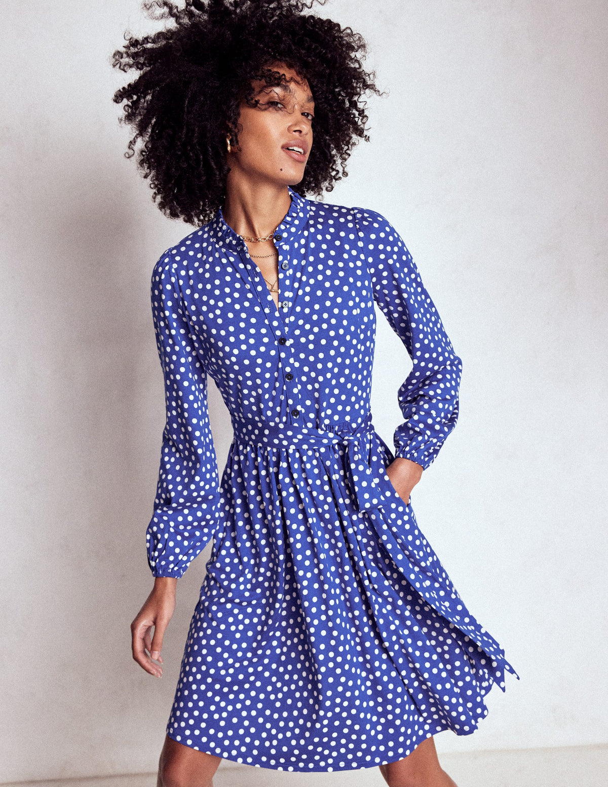 Willow Ruffle Neck Shirt Dress-Bright Blue, Dot - Image 4