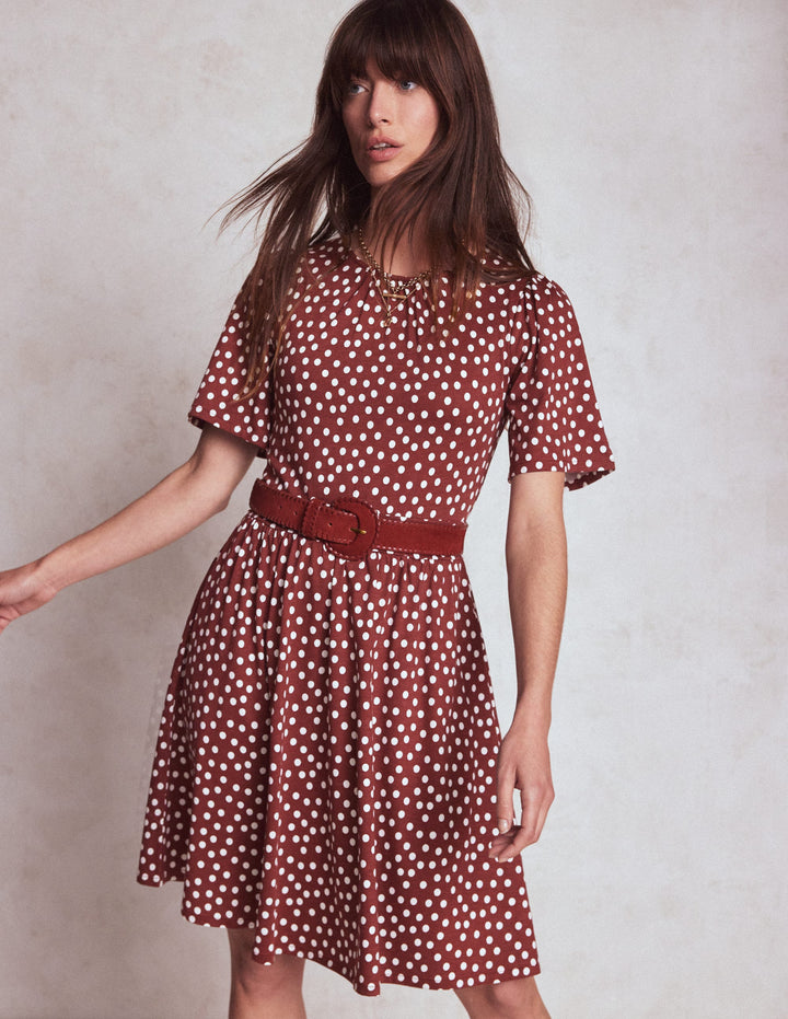 Louisa Short Jersey Dress-Chestnut, Painted Dot