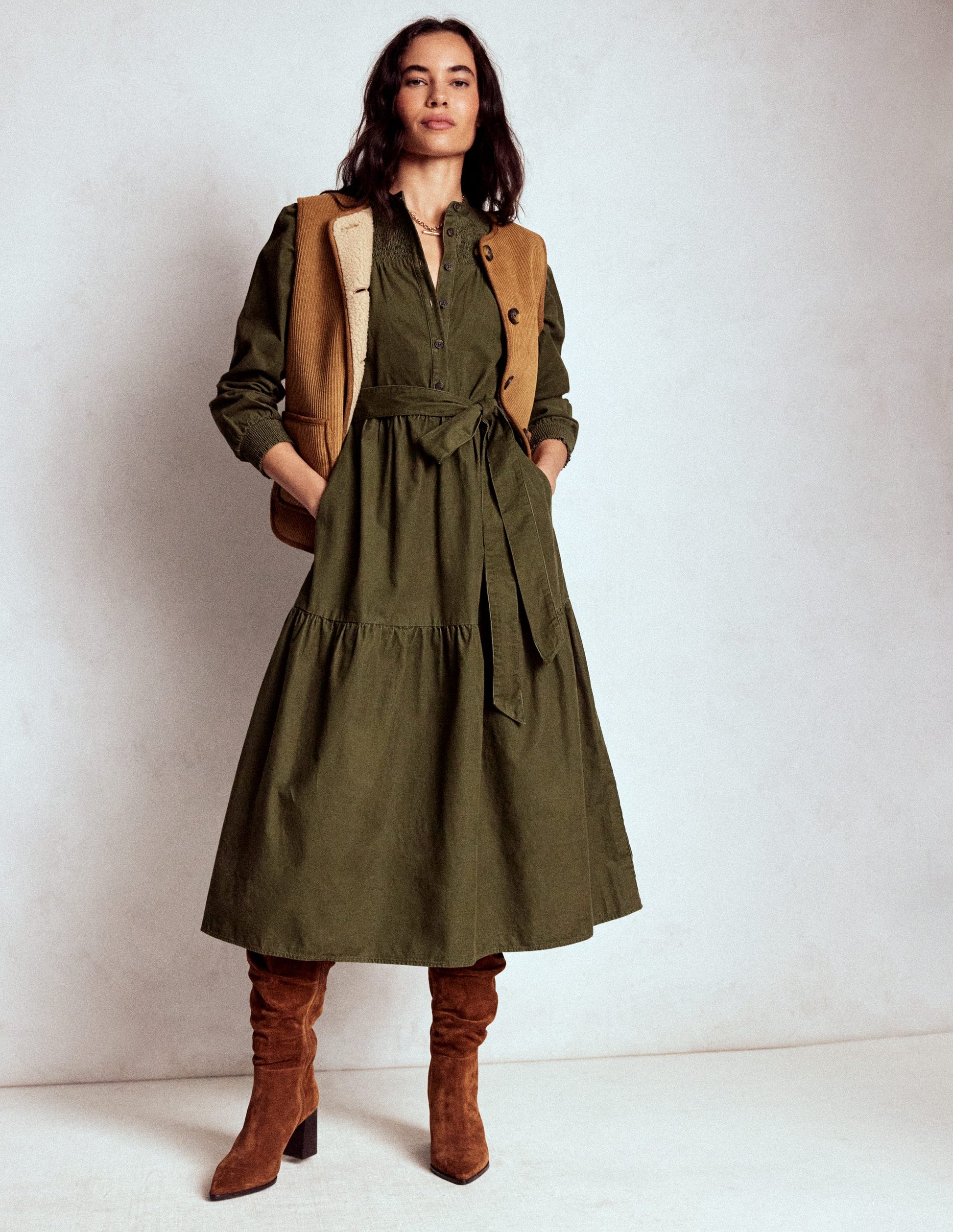 Boden Cecily Belted Long Sleeve Cotton Corduroy Midi Dress in Woodland Green at Nordstrom, Size 2 Boden Cecily Belted Long Sleeve Cotton Corduroy Midi Dress in Woodland Green at Nordstrom, Size 2