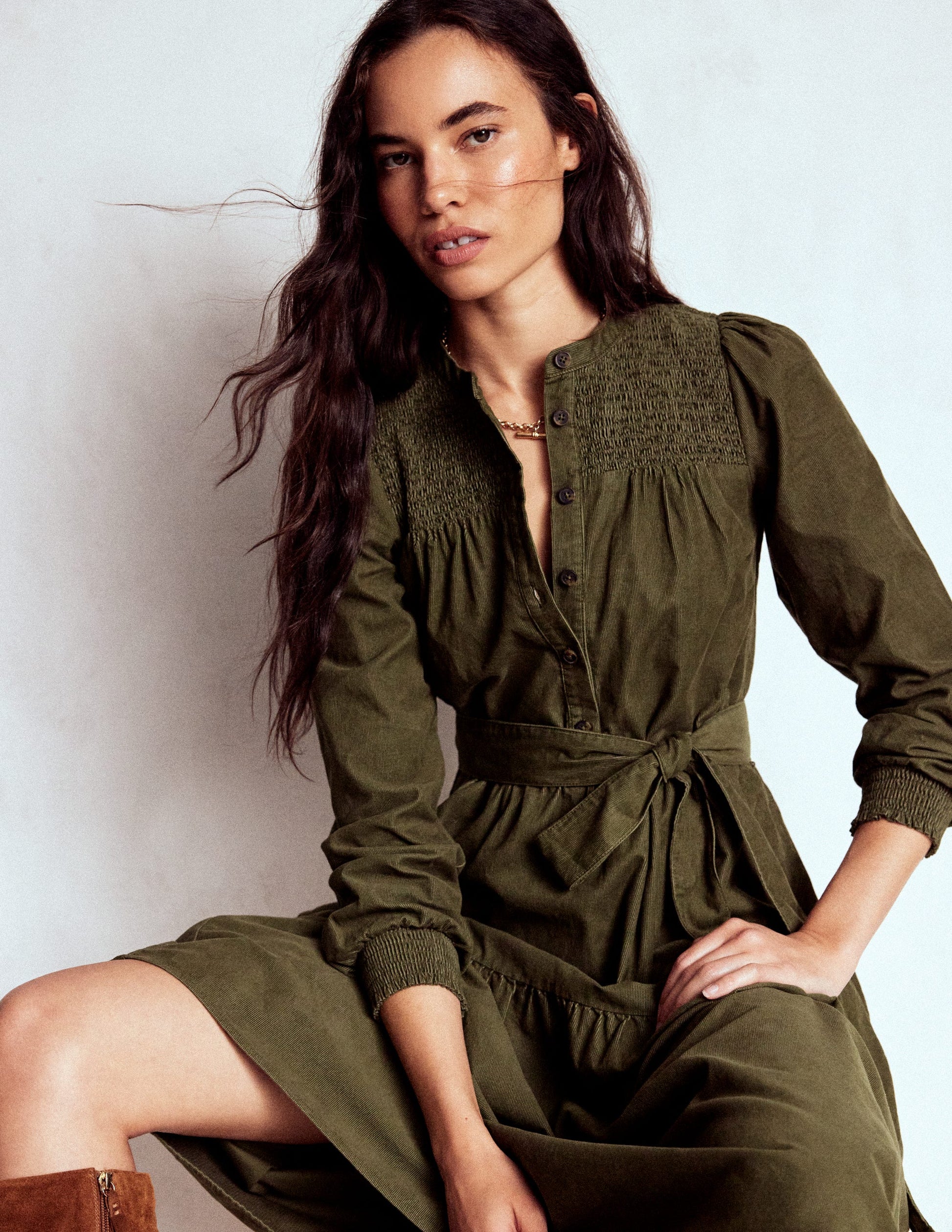 Boden Cecily Belted Long Sleeve Cotton Corduroy Midi Dress in Woodland Green at Nordstrom, Size 2 Boden Cecily Belted Long Sleeve Cotton Corduroy Midi Dress in Woodland Green at Nordstrom, Size 2