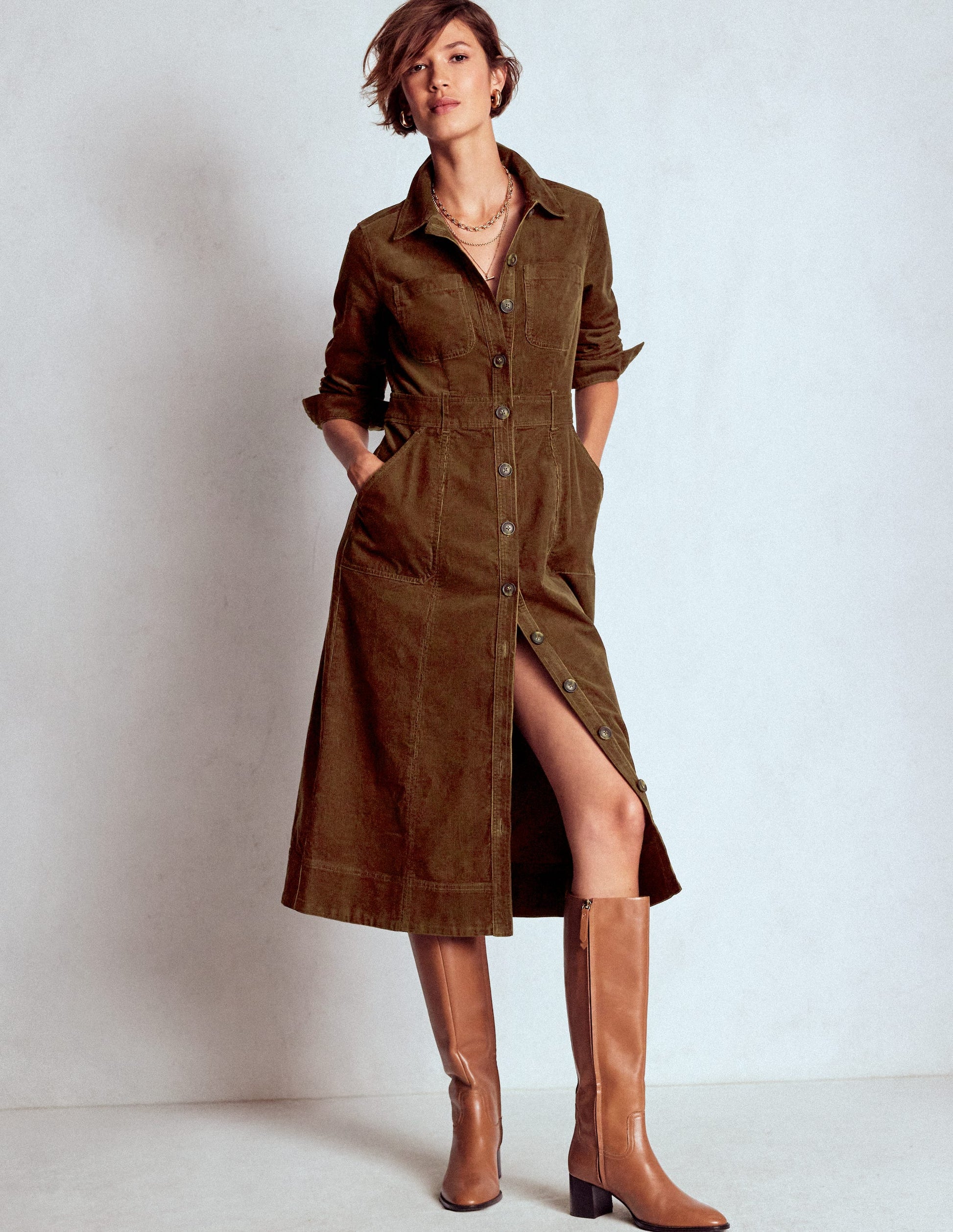 Amanda Cord Midi Dress-Raw Umber Amanda Cord Midi Dress-Raw Umber