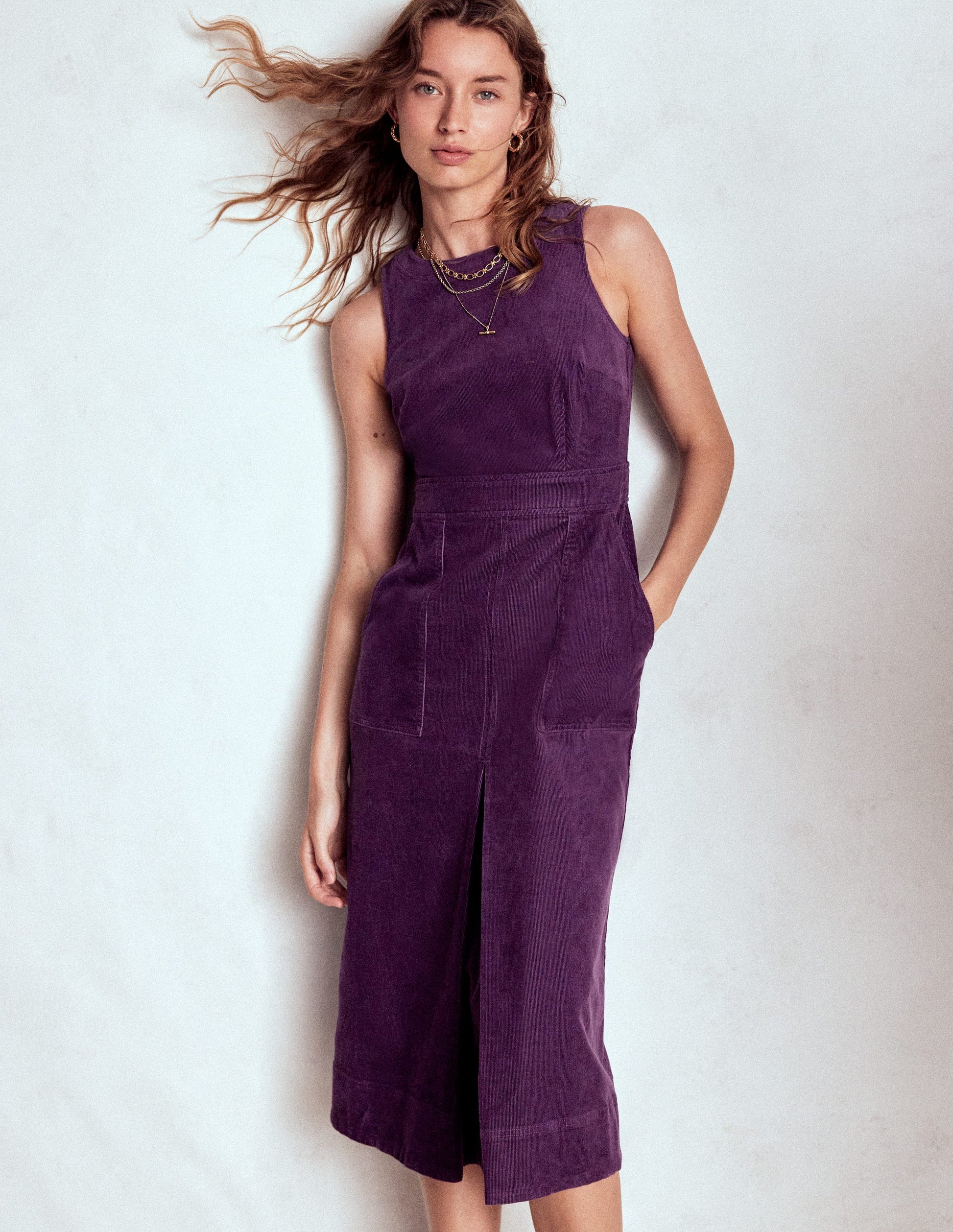 Ula Box Pleat Cord Midi Dress-Viola Purple-1