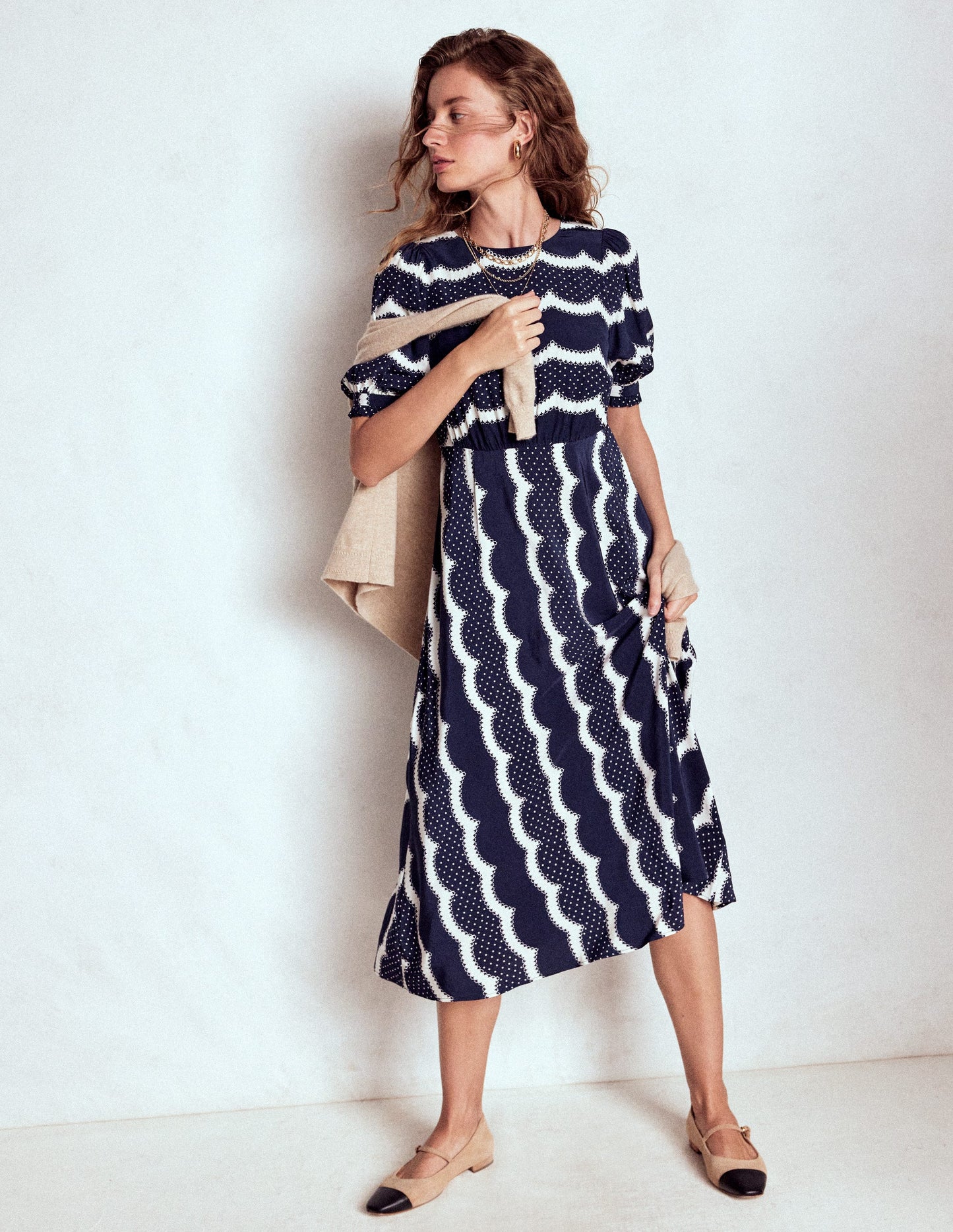 Blanca Midi Tea Dress-French Navy, Dainty Scallop