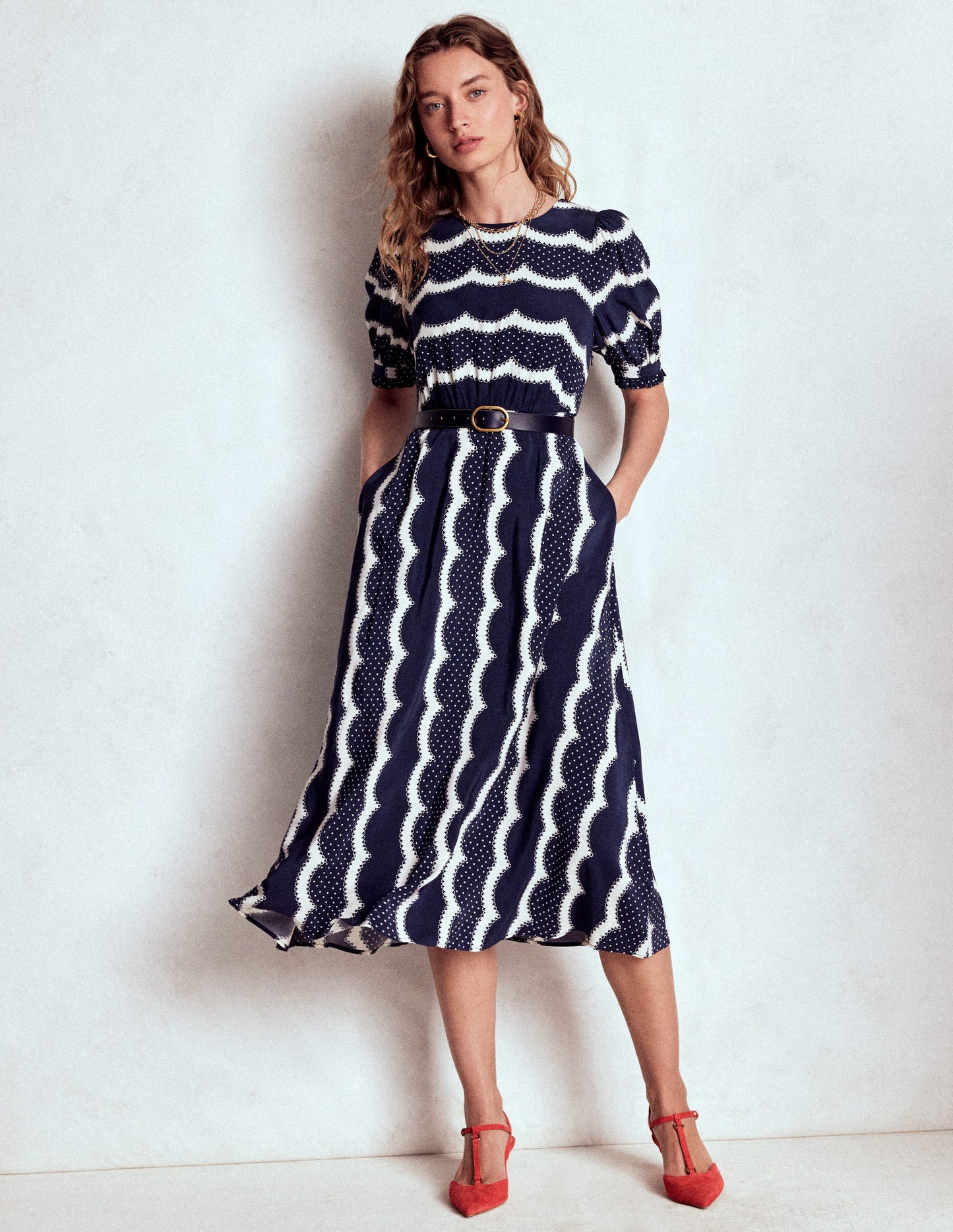 Blanca Midi Tea Dress-French Navy, Dainty Scallop
