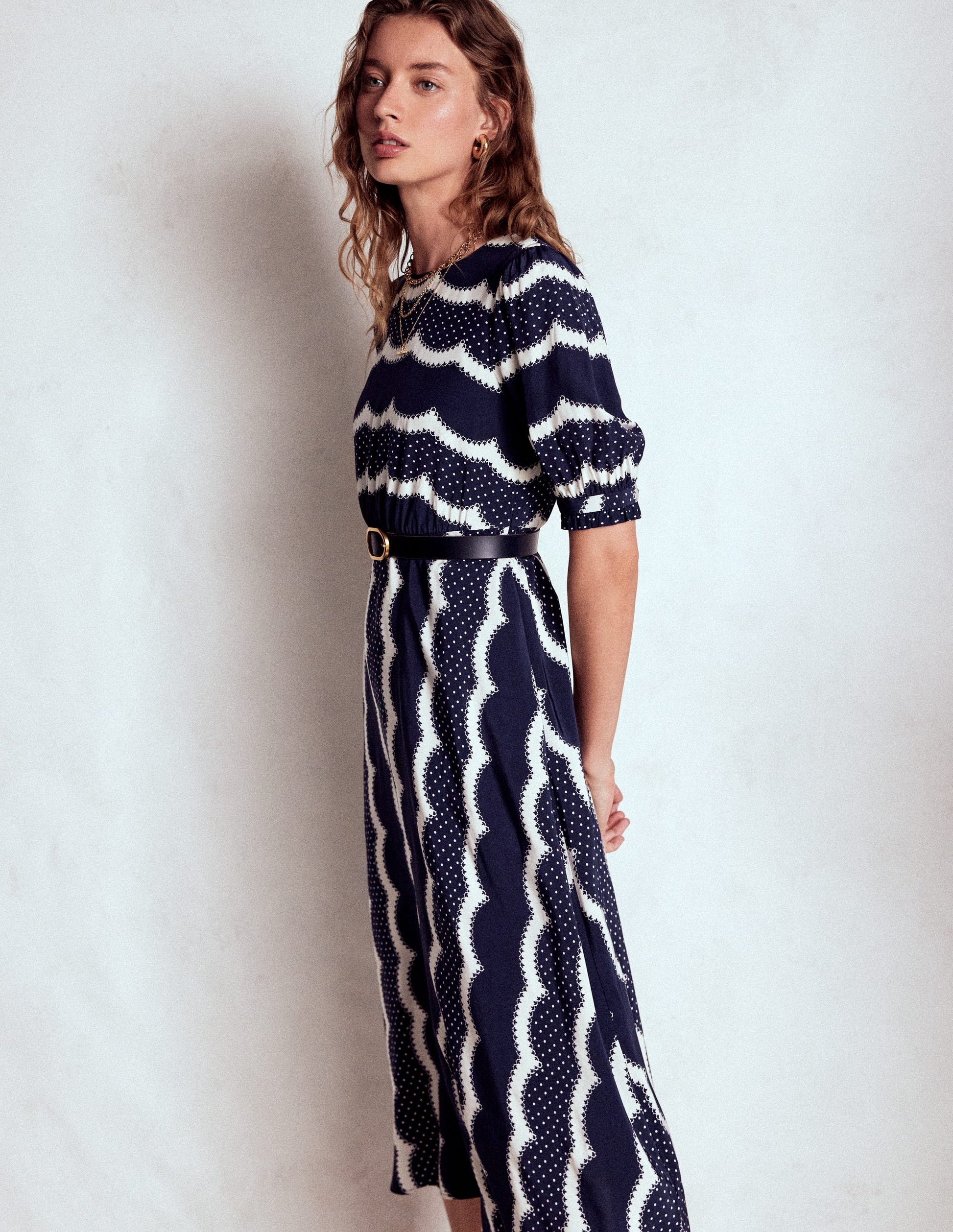 Blanca Midi Tea Dress-French Navy, Dainty Scallop-6