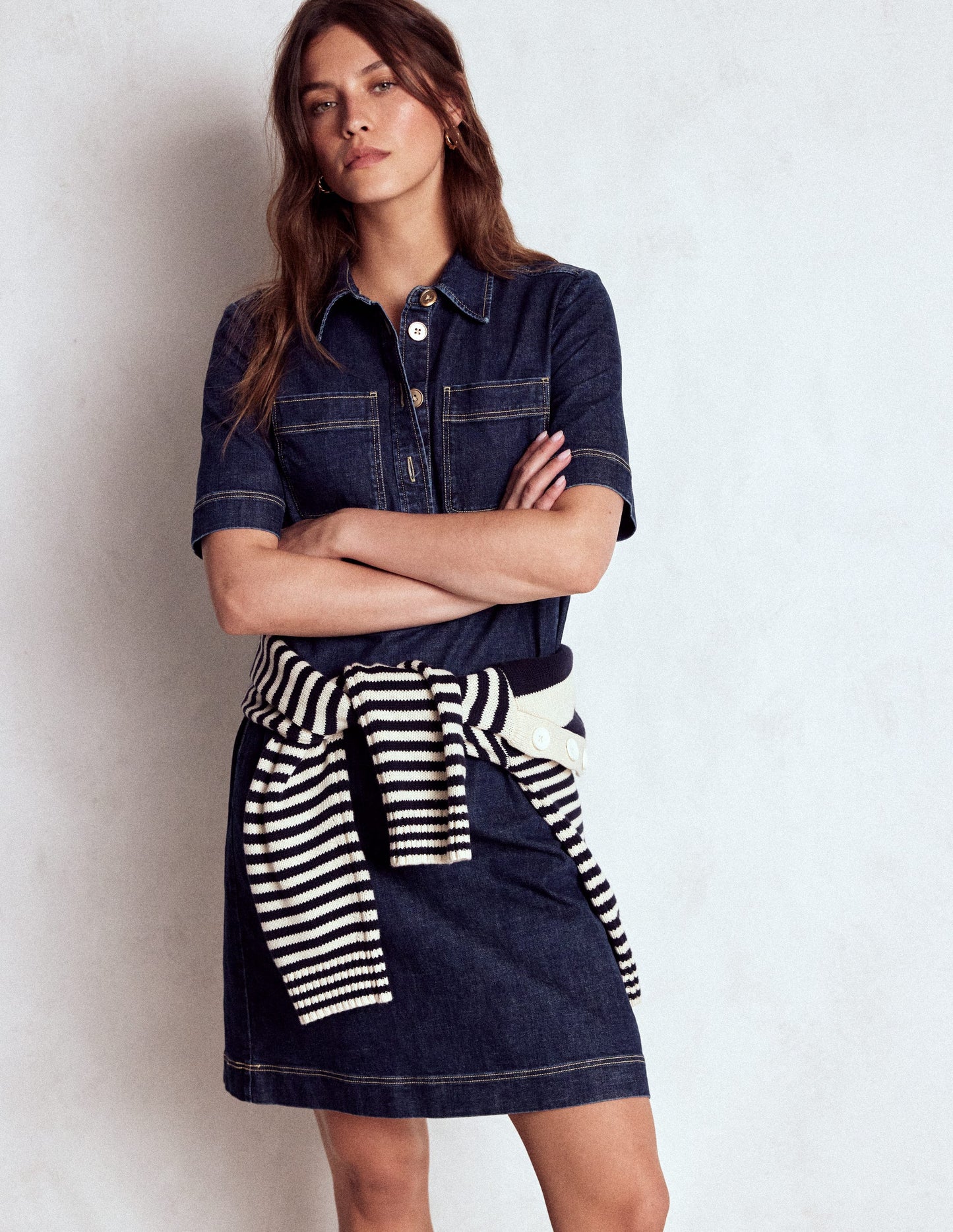 Zia Denim Pocket Shift Dress-Dark Indigo