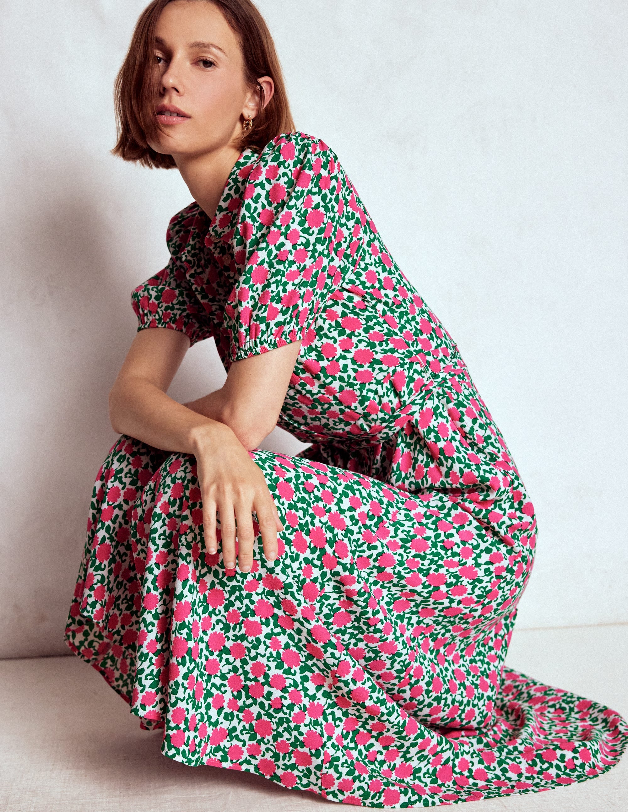 Alegra Midi Shirt Dress-Pink Ribbon, Floweret Vine - Image 2