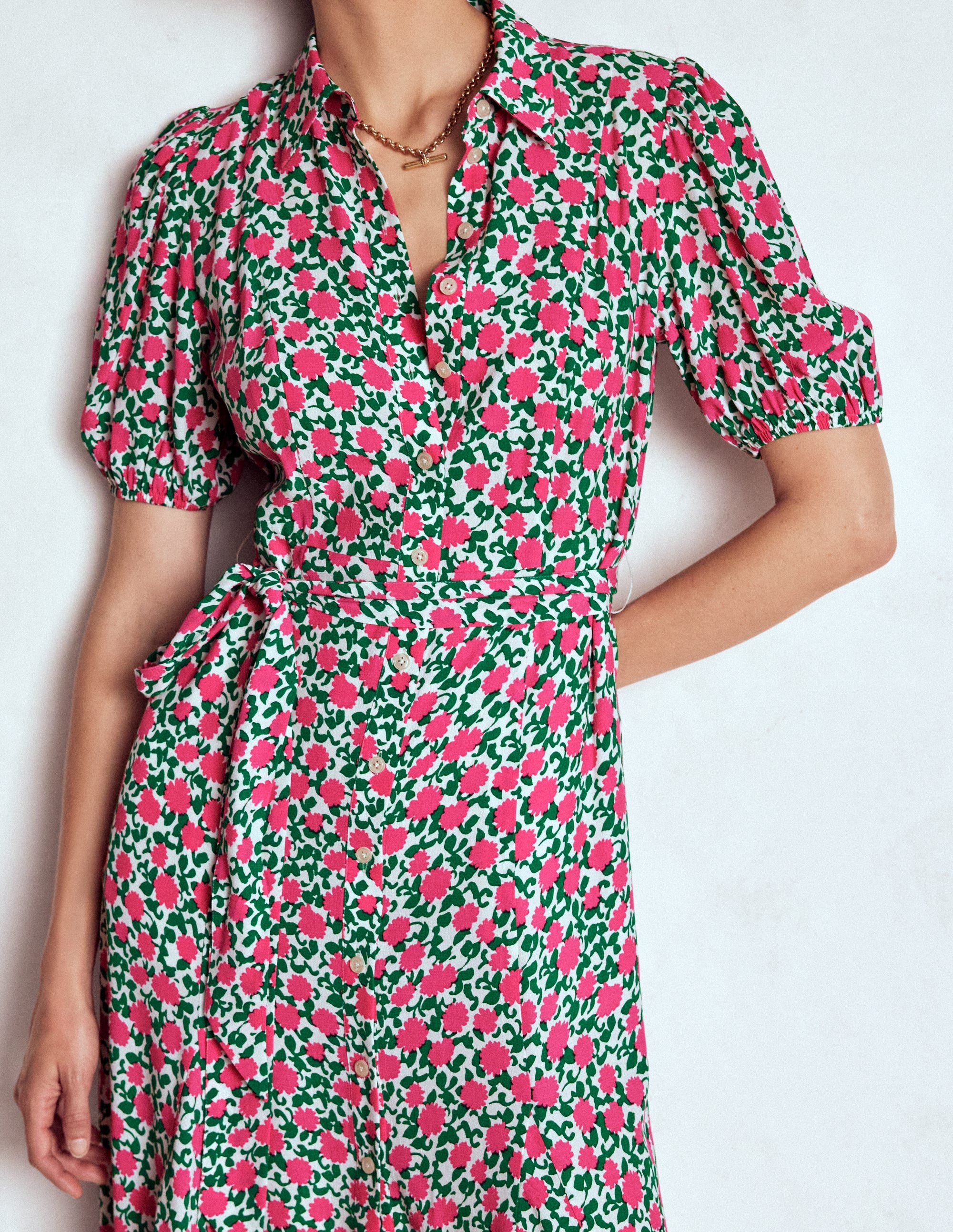 Alegra Midi Shirt Dress-Pink Ribbon, Floweret Vine - Image 3