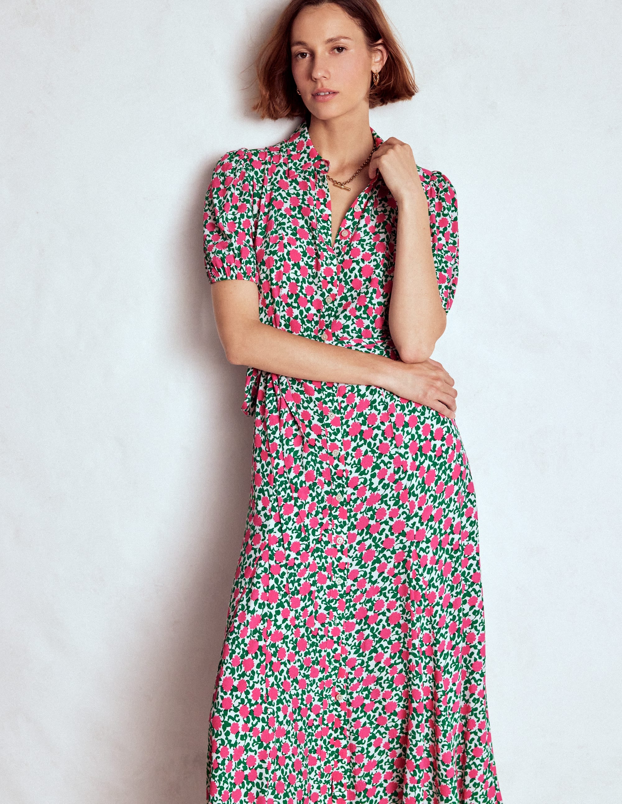 Alegra Midi Shirt Dress-Pink Ribbon, Floweret Vine - Image 5