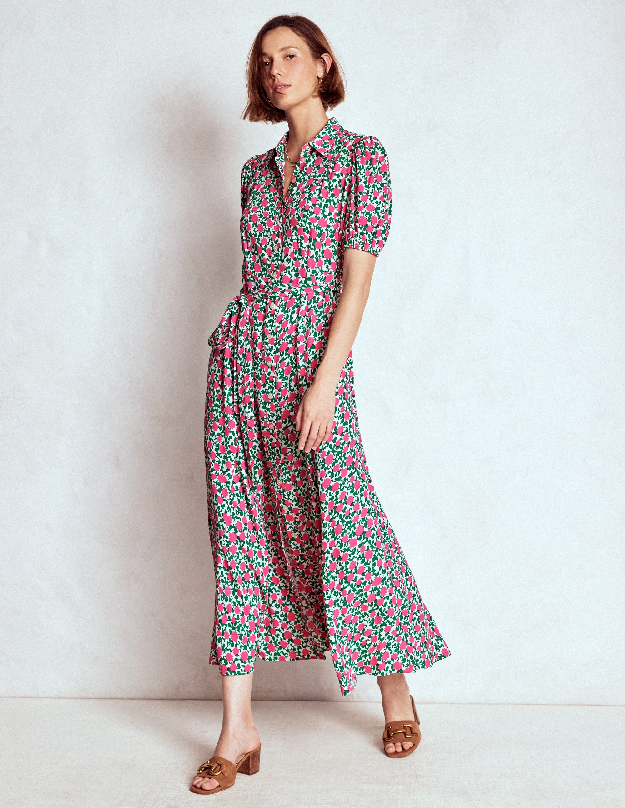 Alegra Midi Shirt Dress-Pink Ribbon, Floweret Vine - Image 1