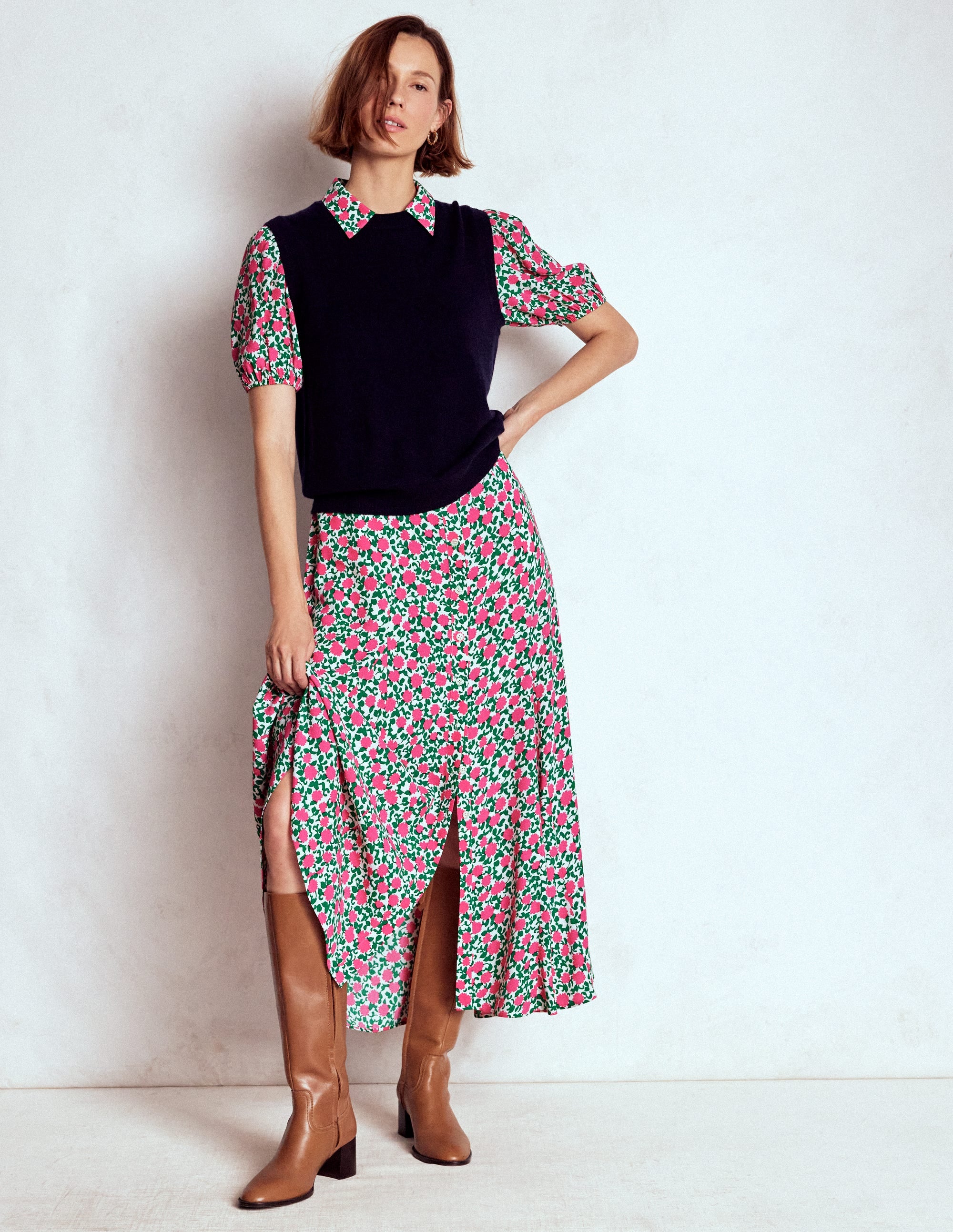 Alegra Midi Shirt Dress-Pink Ribbon, Floweret Vine - Image 6