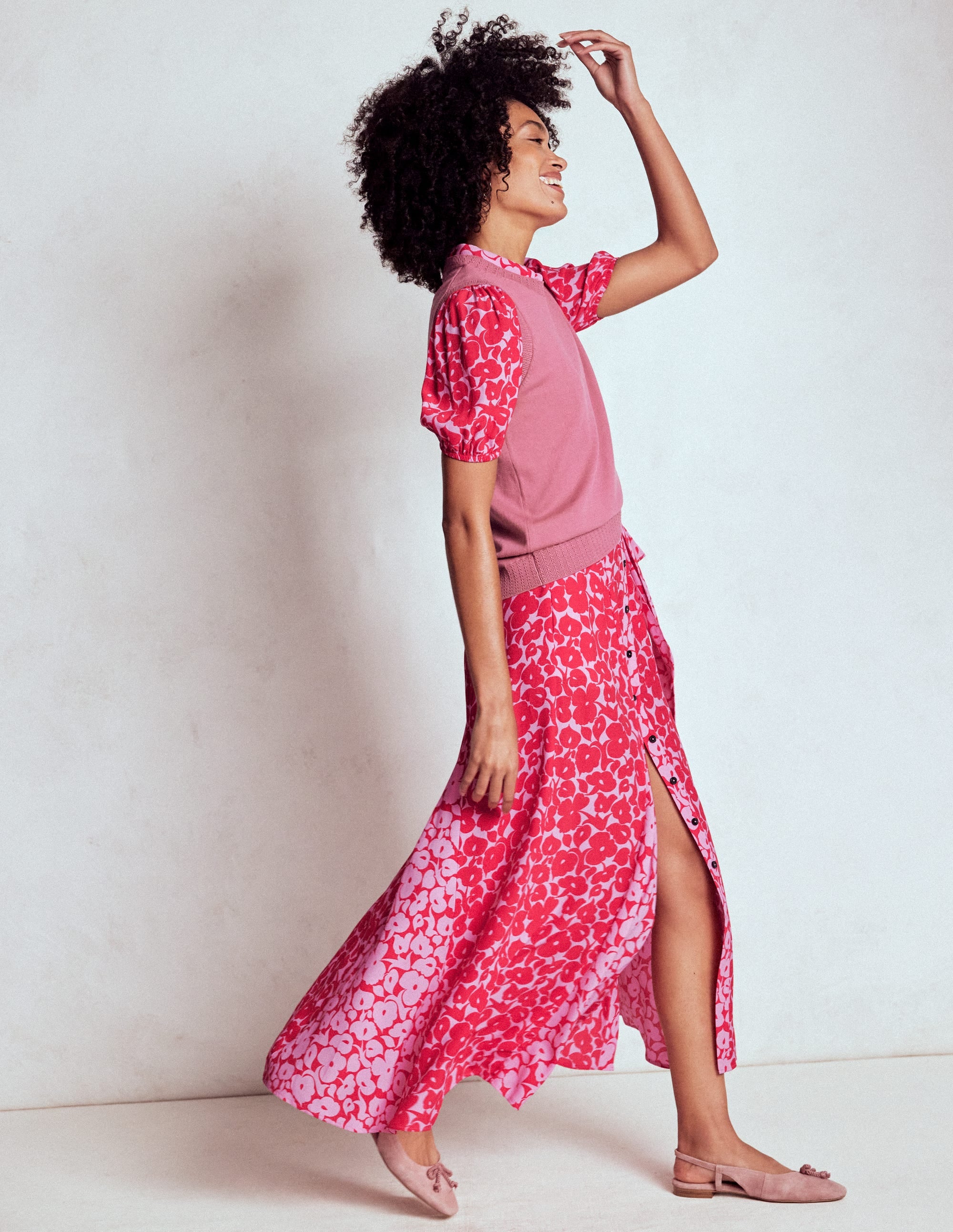 Alegra Midi Shirt Dress-Jewel Red, Leafy Grove - Image 4