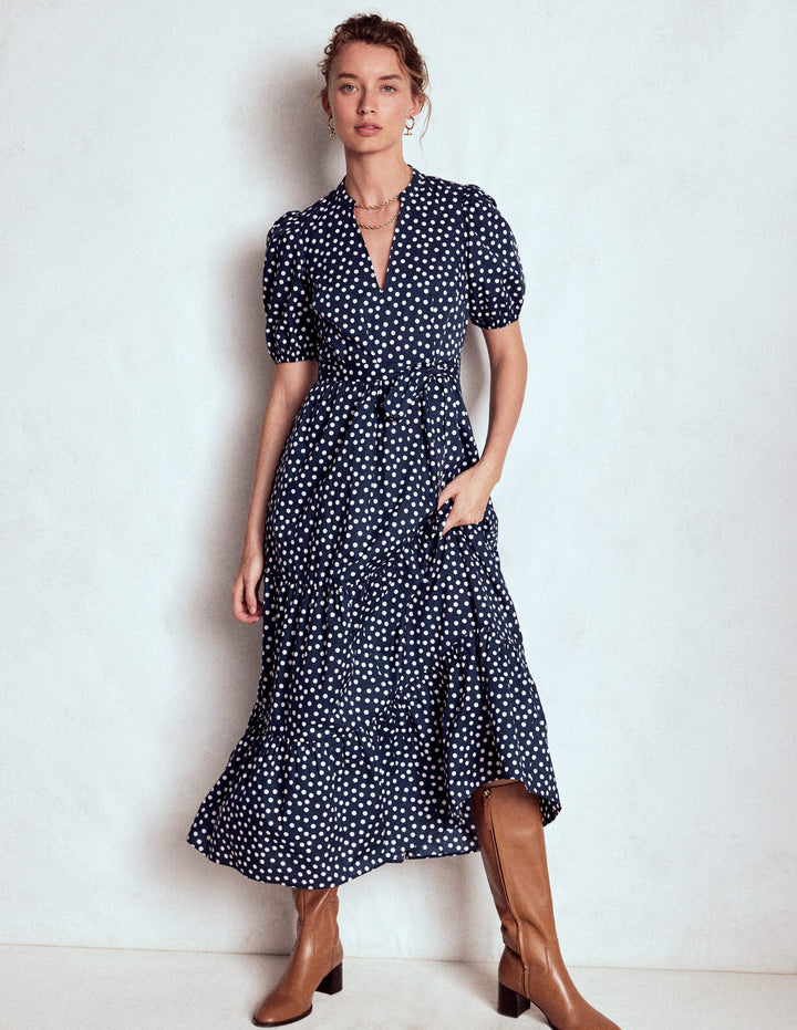 Christabel Cotton Midi Dress-French Navy, Painted Dot