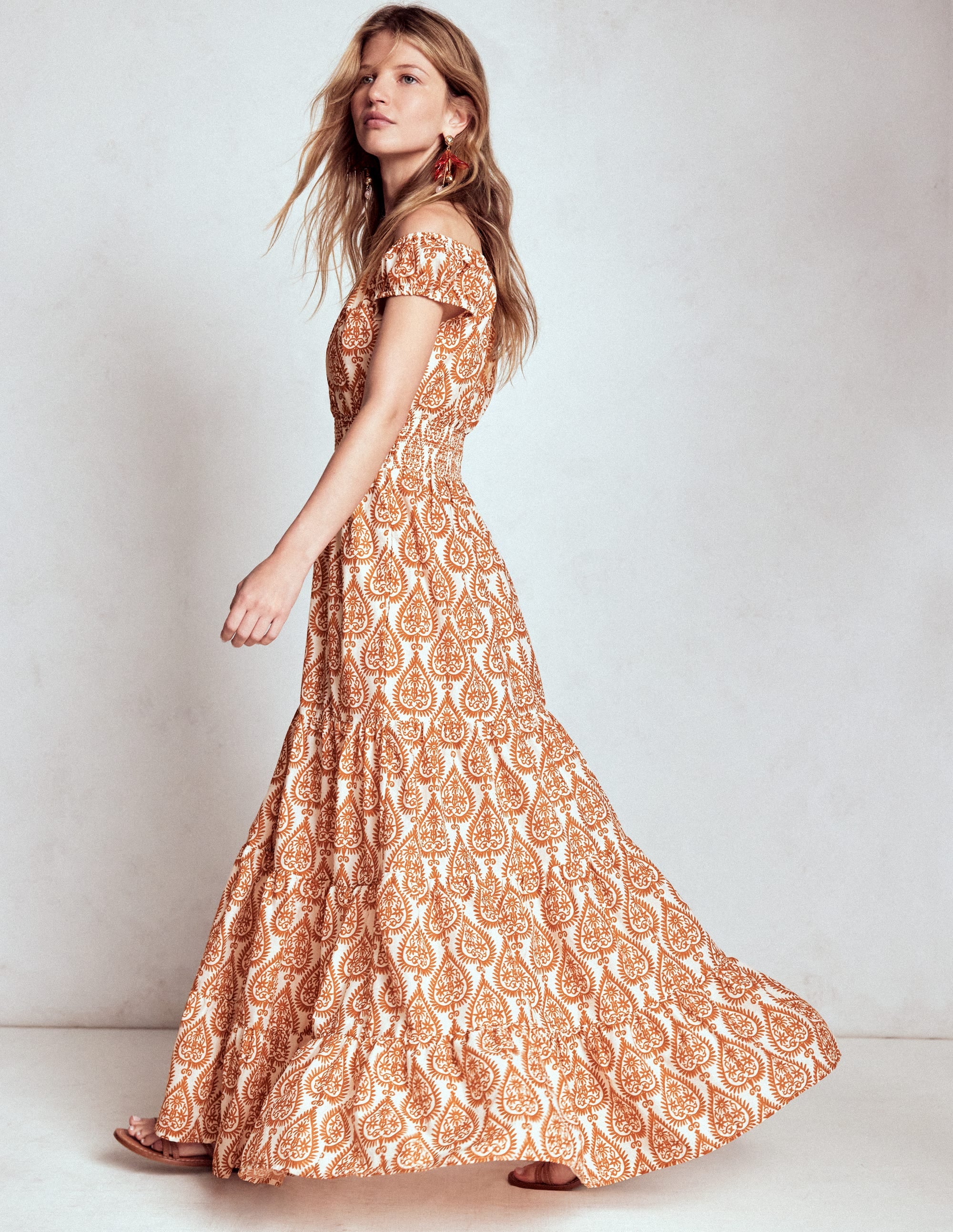 Scoop Cotton Tiered Dress-Cognac, Ornate Geo - Image 1