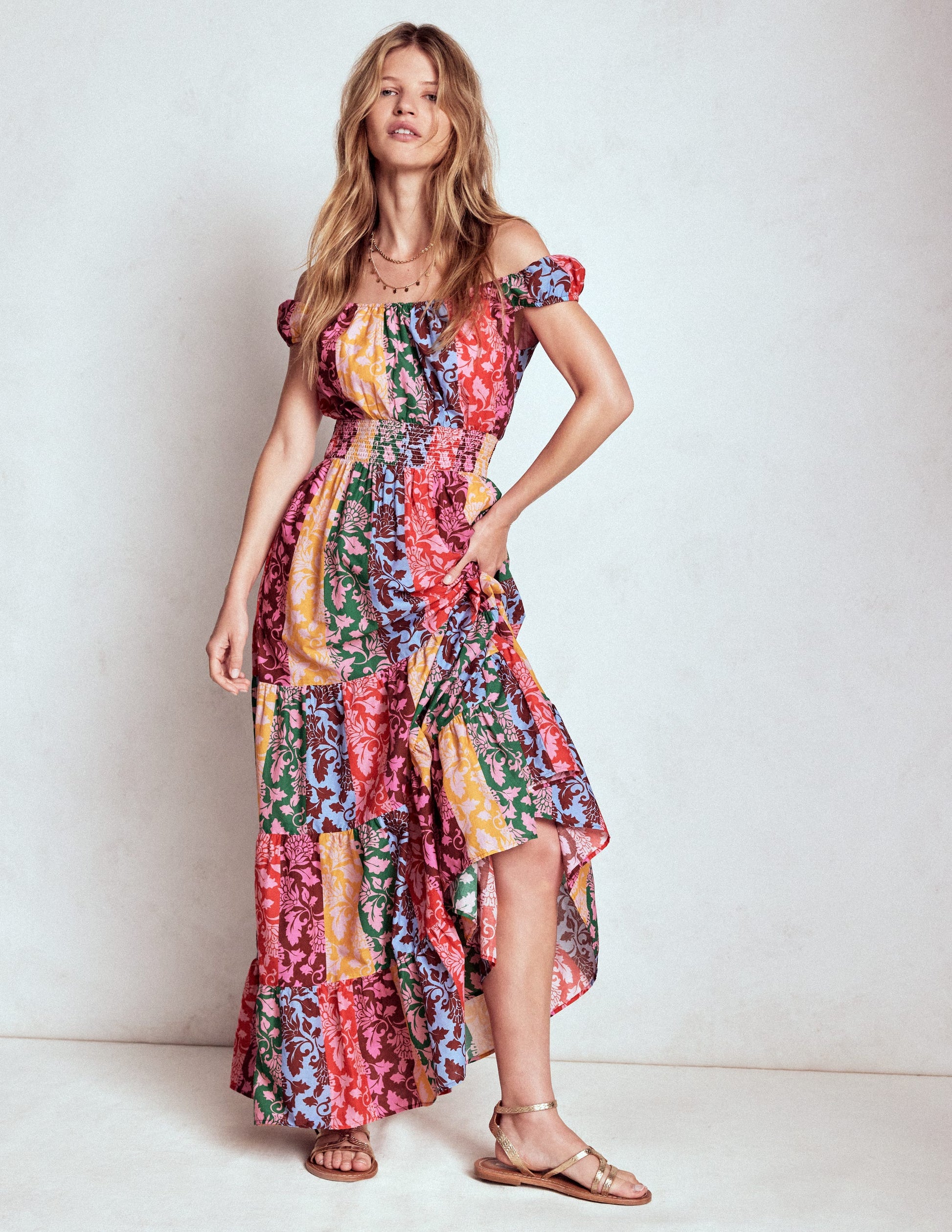 Scoop Cotton Tiered Dress-Multi, Ornate Vine-4