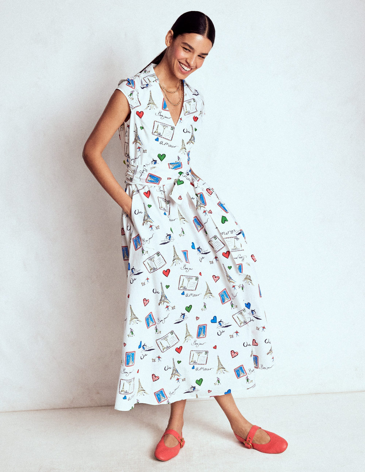 Julia Cotton Wrap Midi Dress-Ivory, Postcard From Paris - Image 1