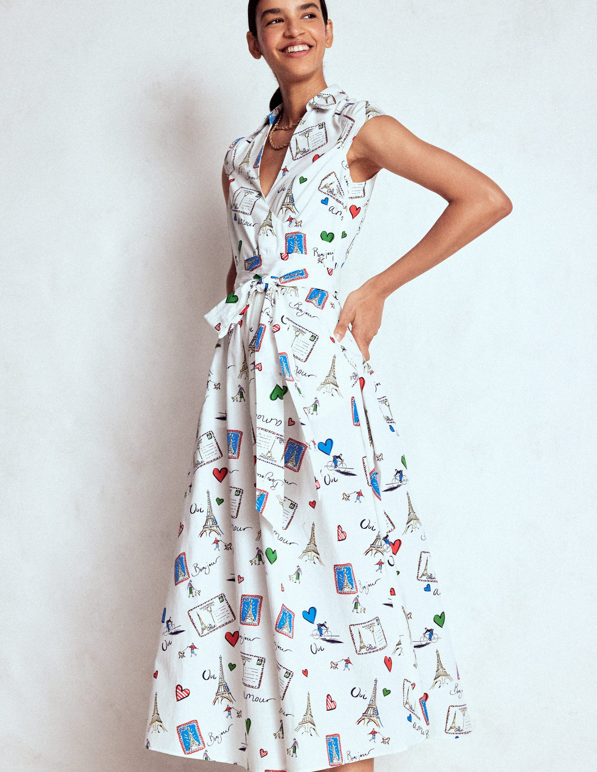 Julia Cotton Wrap Midi Dress-Ivory, Postcard From Paris - Image 5