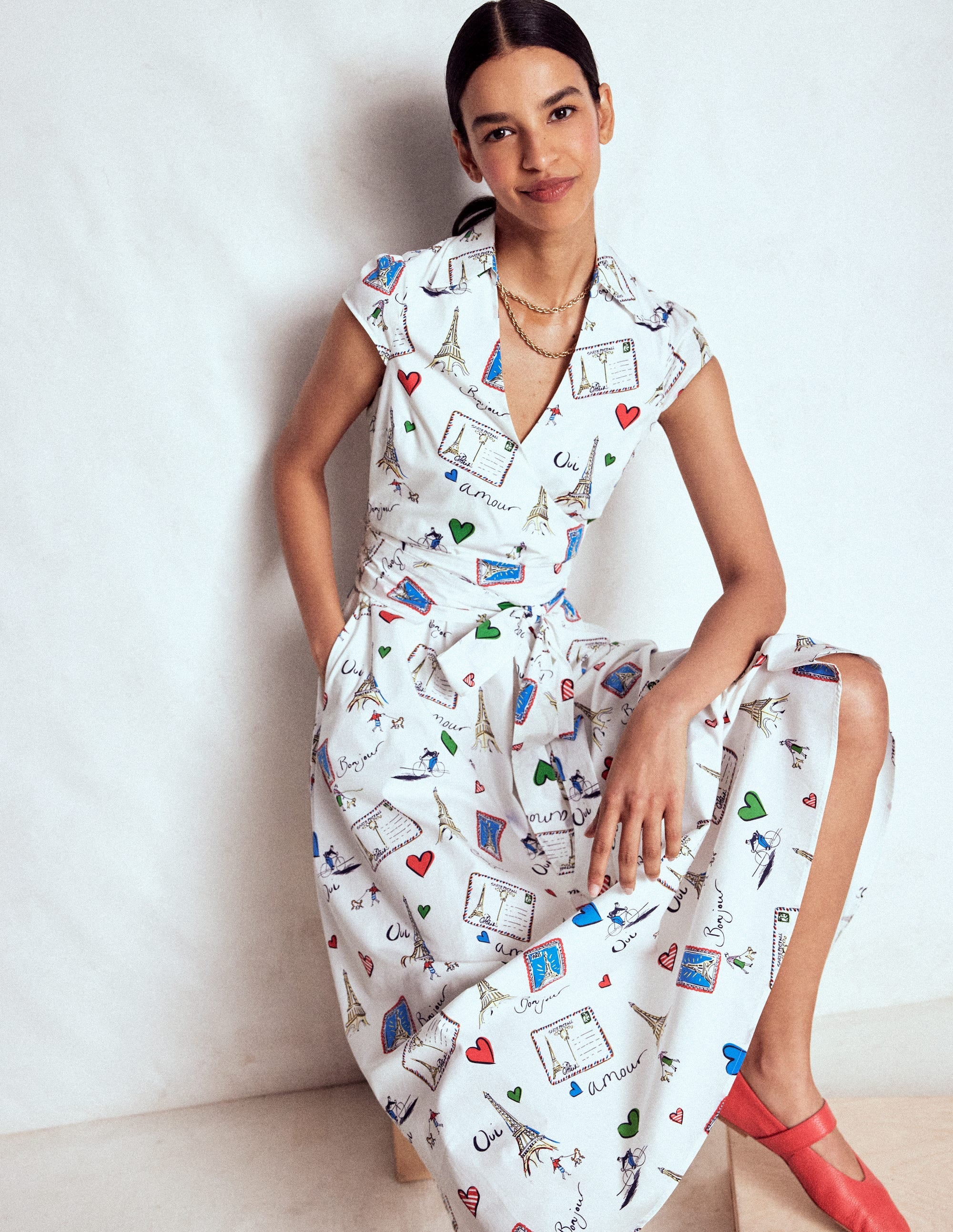 Julia Cotton Wrap Midi Dress-Ivory, Postcard From Paris - Image 6