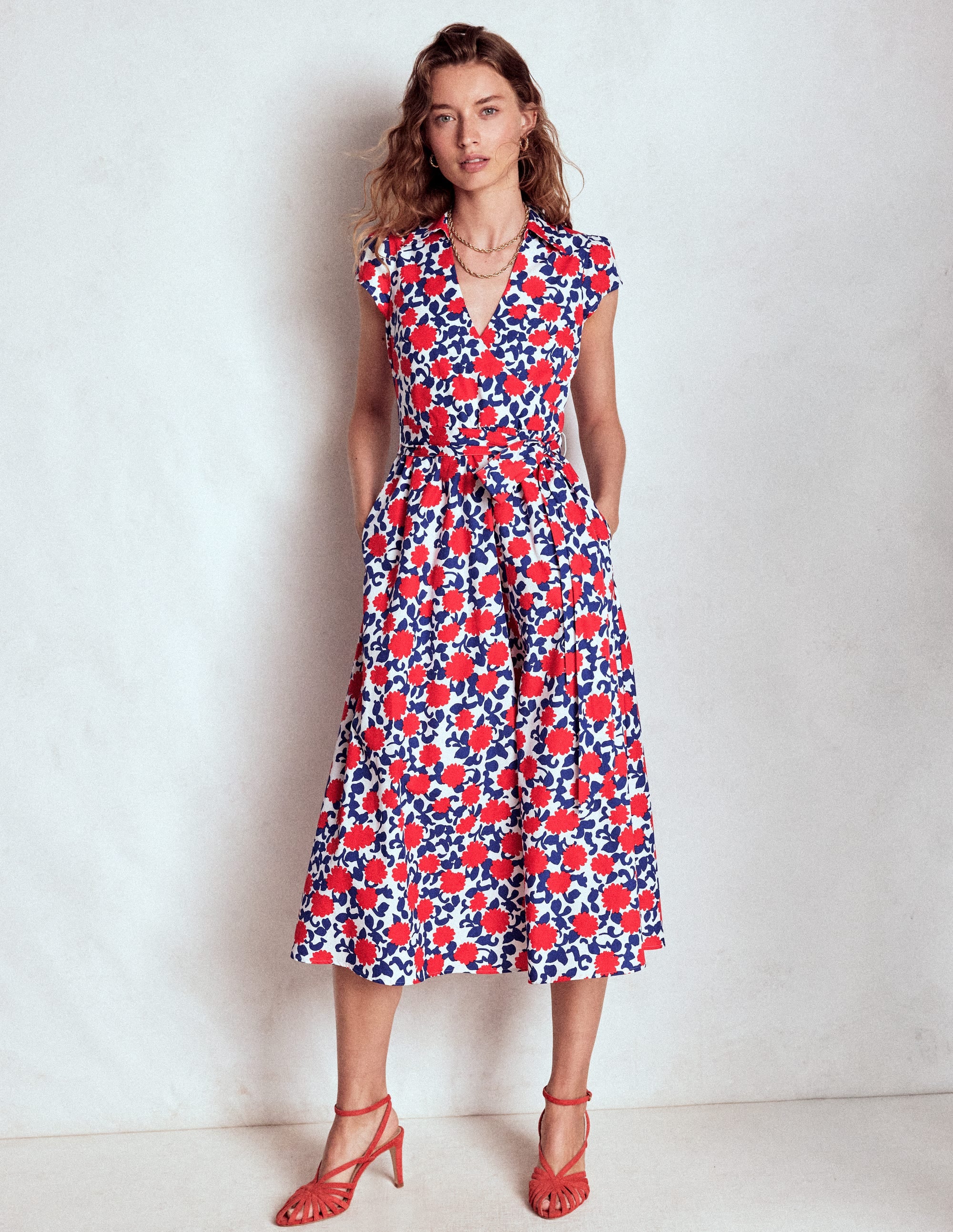 Julia Cotton Wrap Midi Dress-Poppy Red, Floweret Vine - Image 4