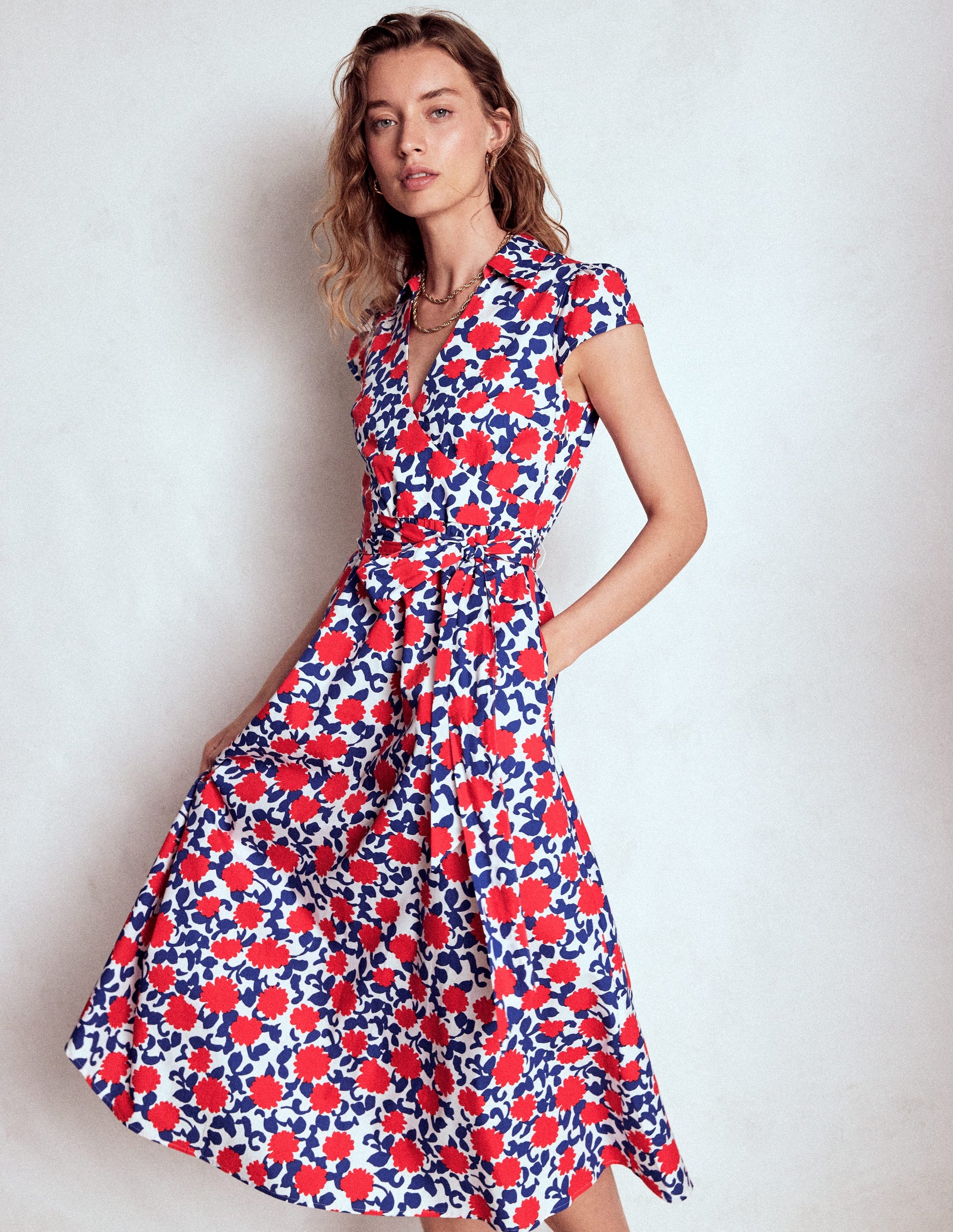 Julia Cotton Wrap Midi Dress-Poppy Red, Floweret Vine-5