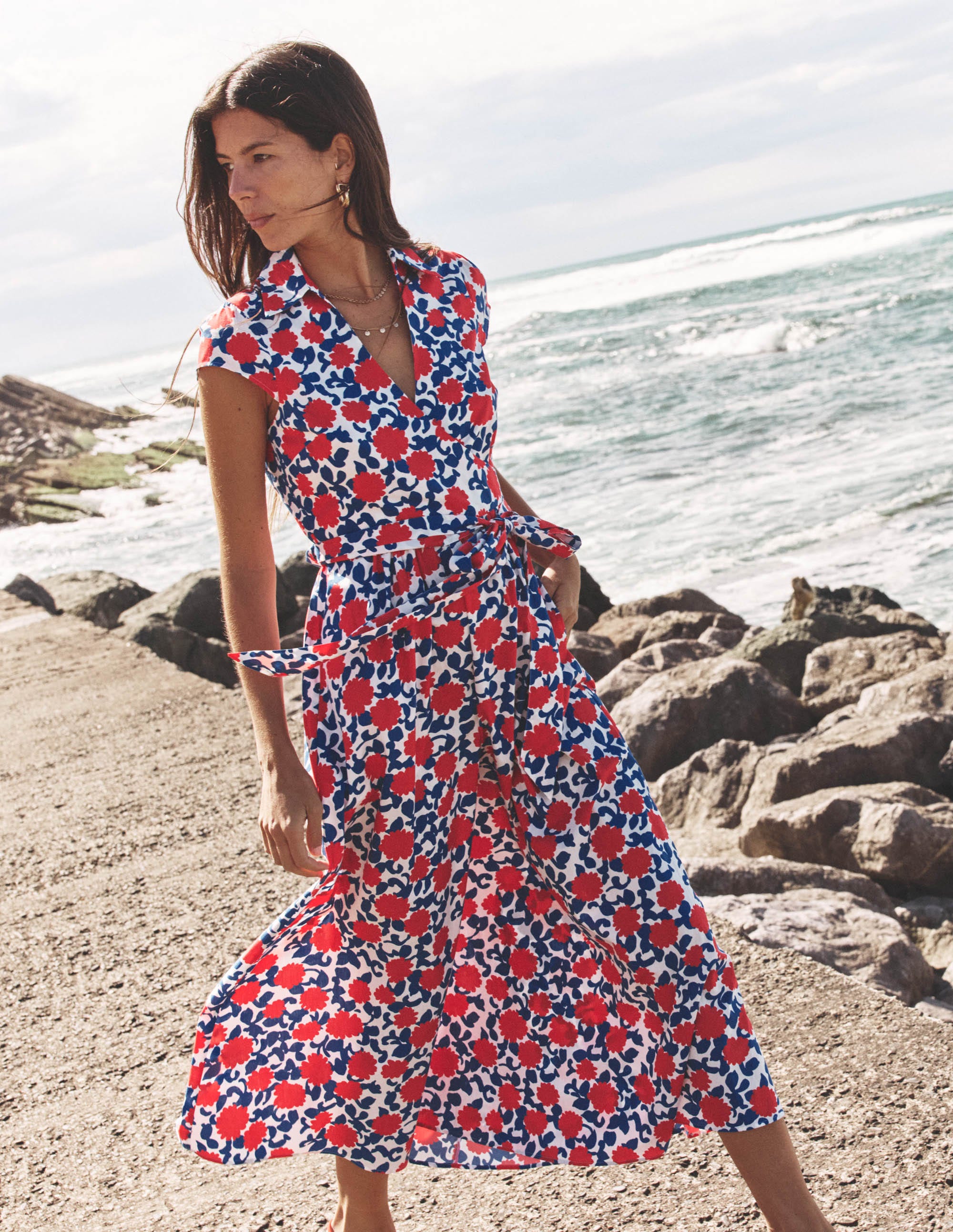 Julia Cotton Wrap Midi Dress-Poppy Red, Floweret Vine - Image 7