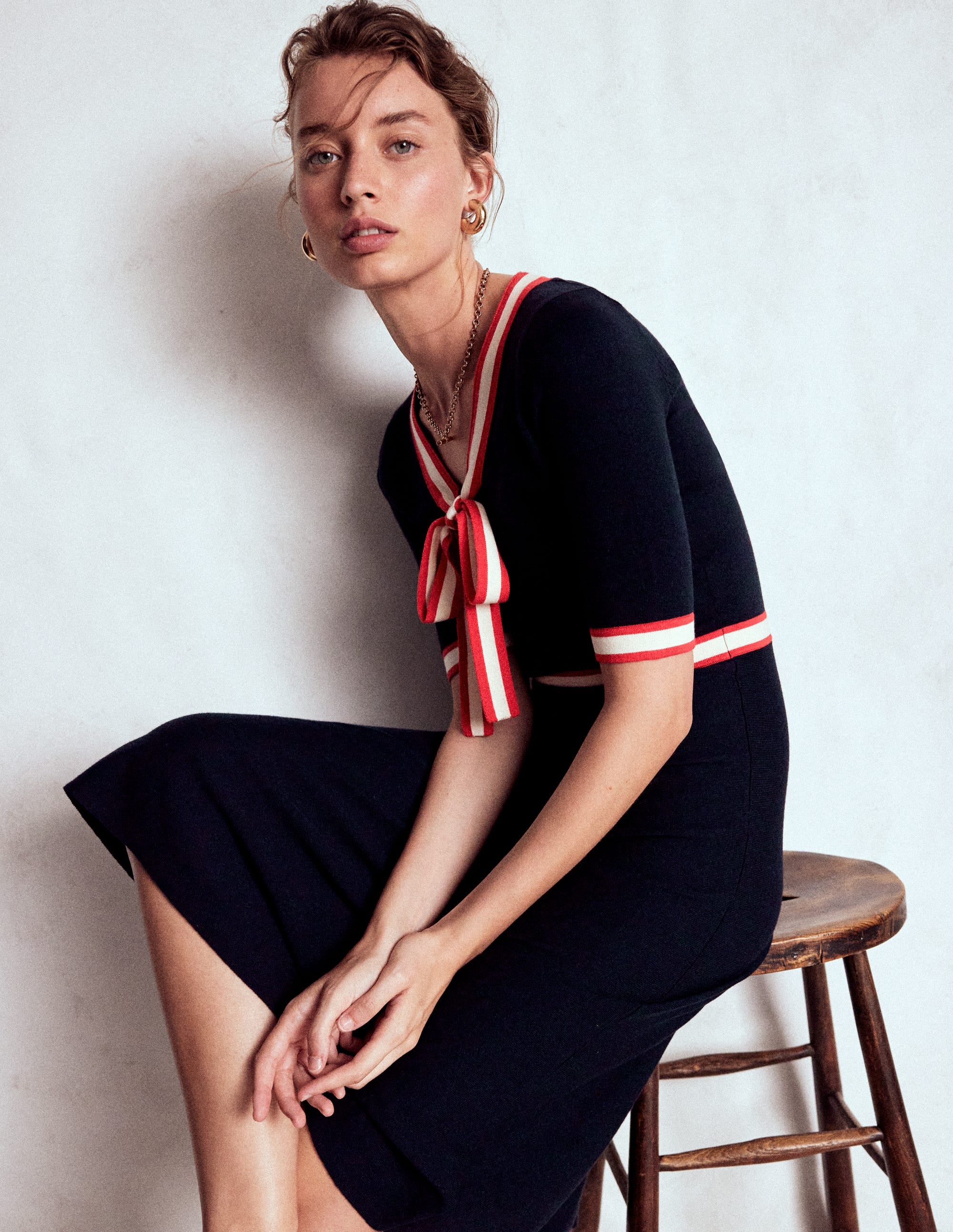 Tipped Bow Dress-Navy - Image 1