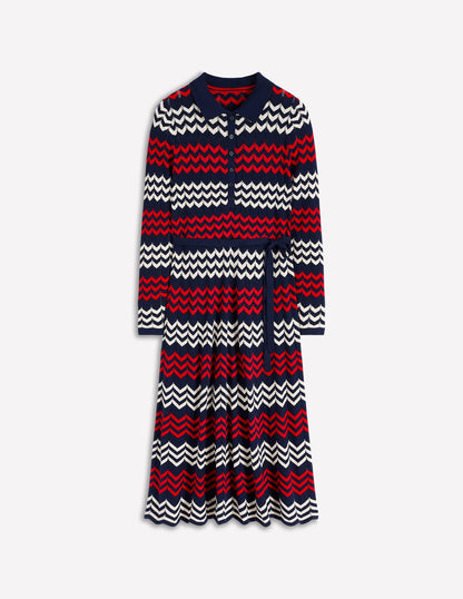 Chevron Stitch Midi Dress-Navy, Red and Ivory Chevron-6
