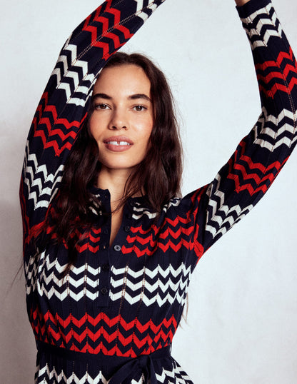 Chevron Stitch Midi Dress-Navy, Red and Ivory Chevron-1